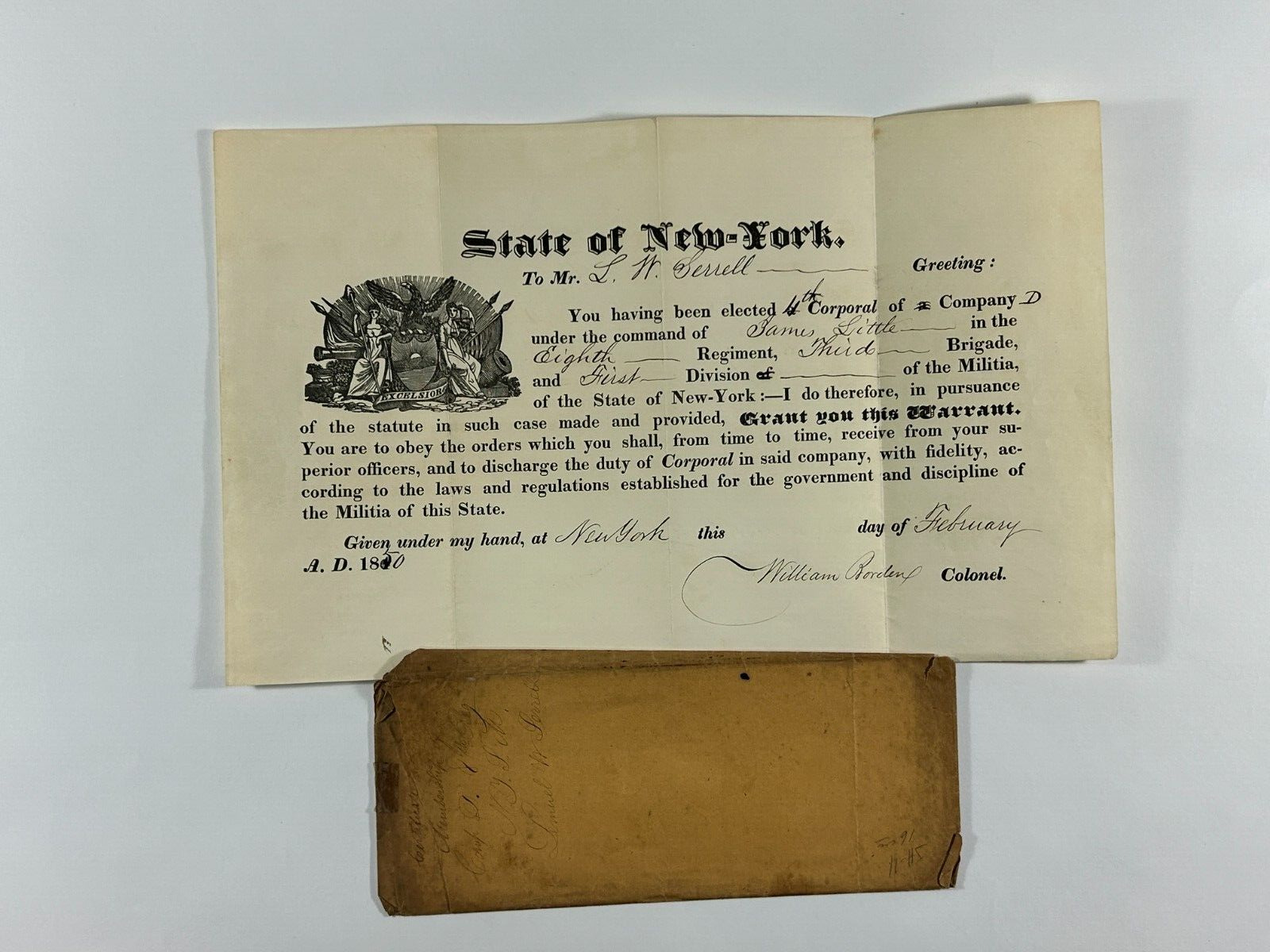 Letter 1850 New York State Militia 4th Corporal L.W. Serrell, Company D, 8th Reg