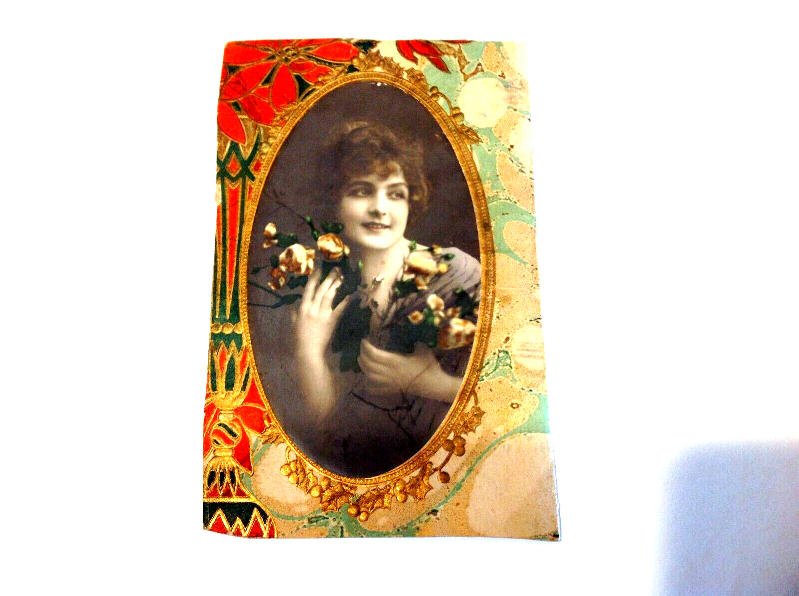 Antique Photograph of Lady with Flowers on Cardboard