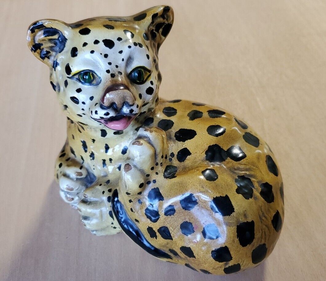 Italian Mid Century Hand Painted Majolica Leopard Cub Statue 