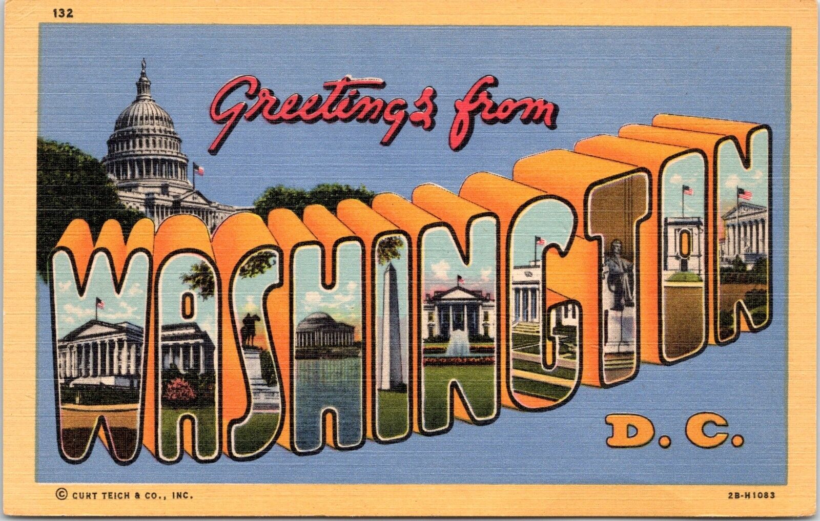 Large Letter Greetings from Washington DC - 1942 Linen Postcard- Curt Teich