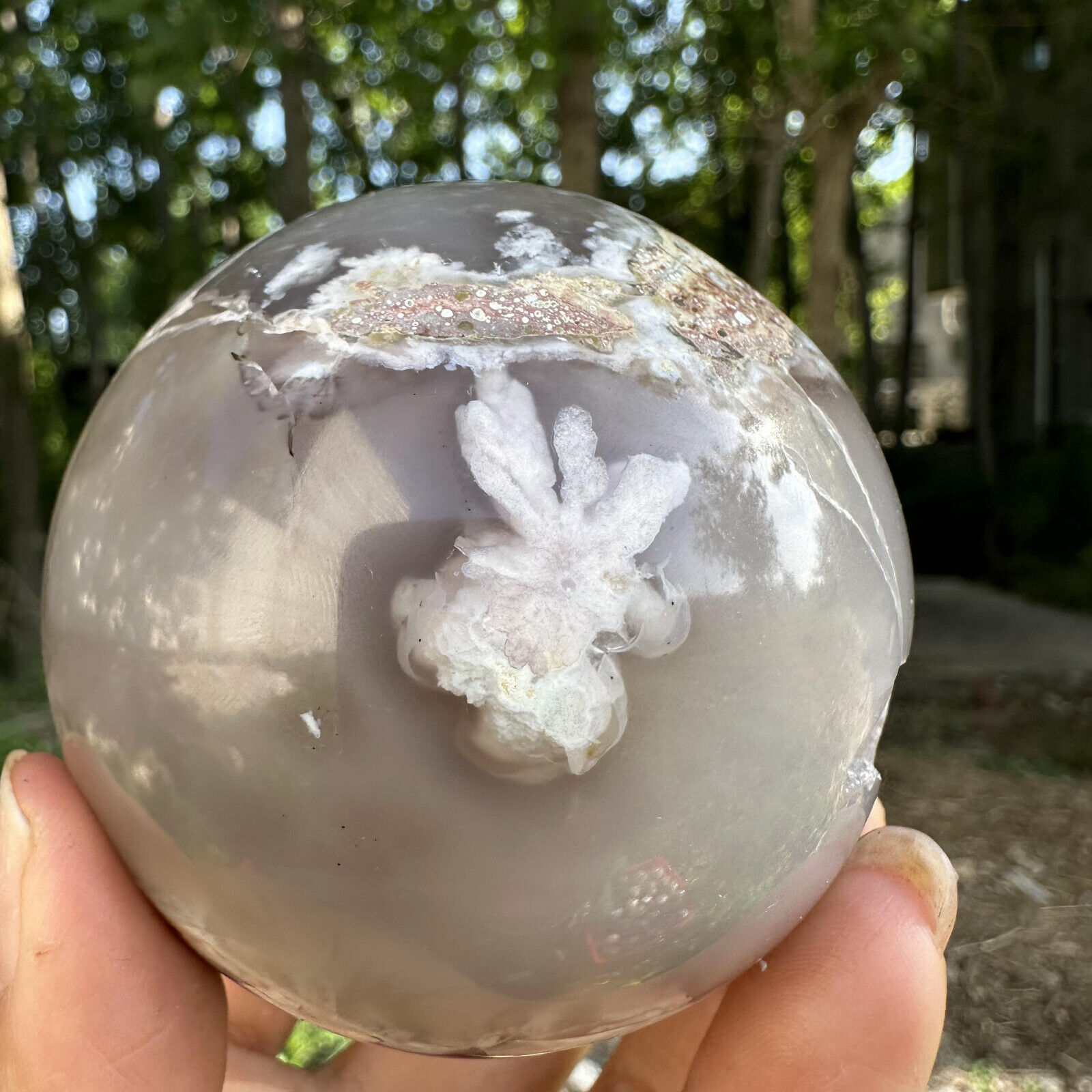 420g Natural cherry blossom agate sphere quartz Sakura agate ball healing 67mm