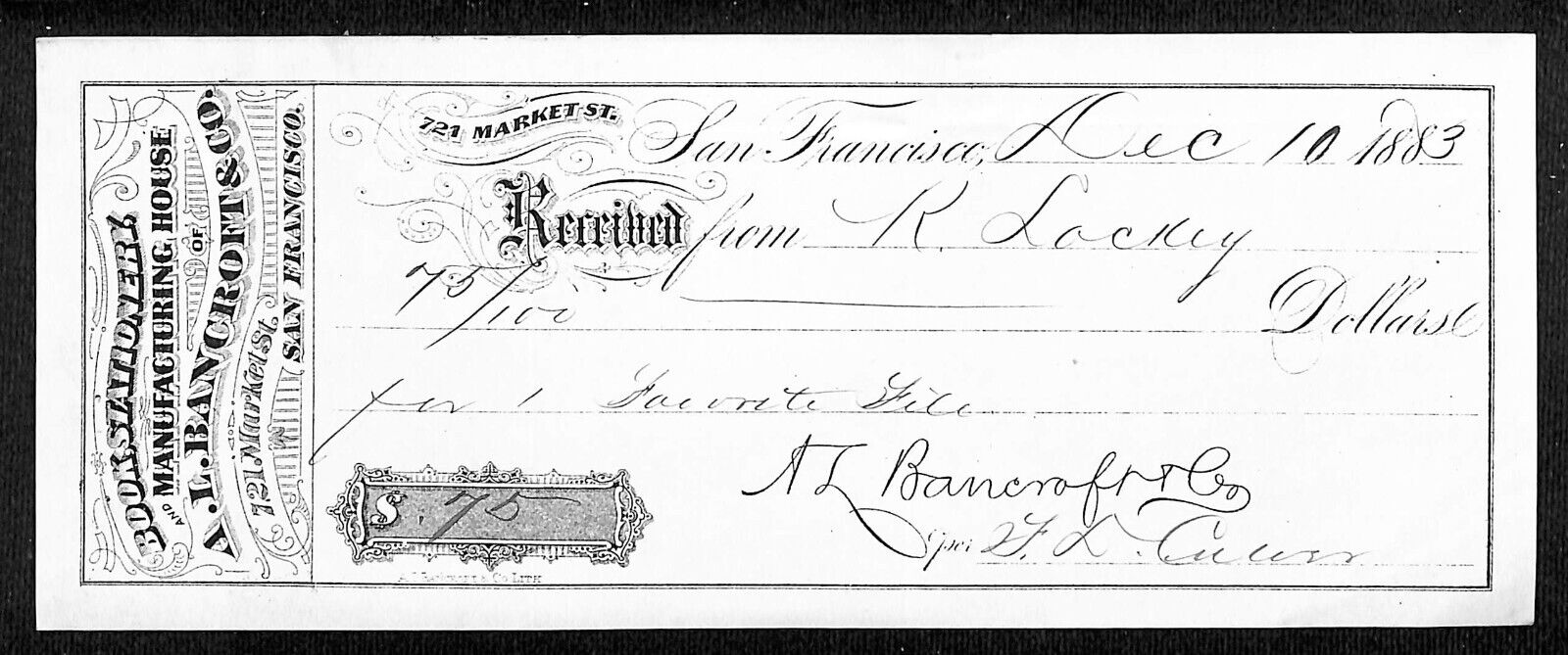 A.L. Bancroft & Co. Books Stationary Publisher San Francisco 1883 Receipt Check 