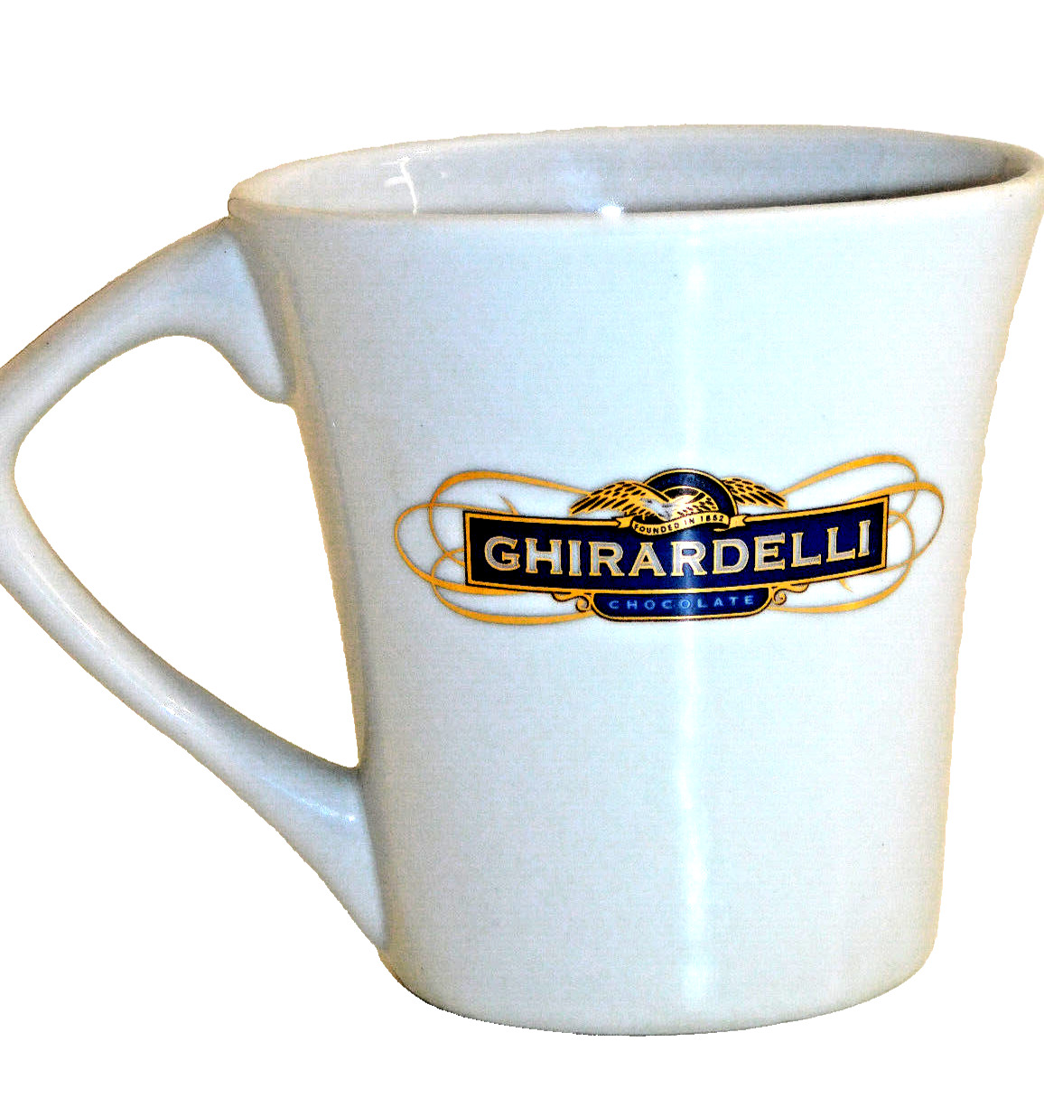 GHIRARDELLI  CHOCOLATE Oval Mug Cup White w/ Beautiful Iconic Navy & Gold Logo