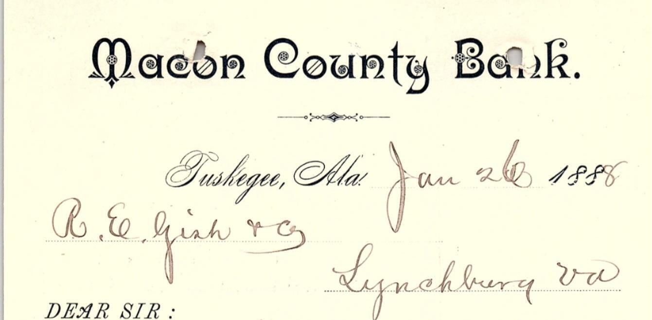 1888 TUSKEGEE ALABAMA MACON COUNTY BANK RECEIPT R. E. GISH & CO TOBACCO 43-6