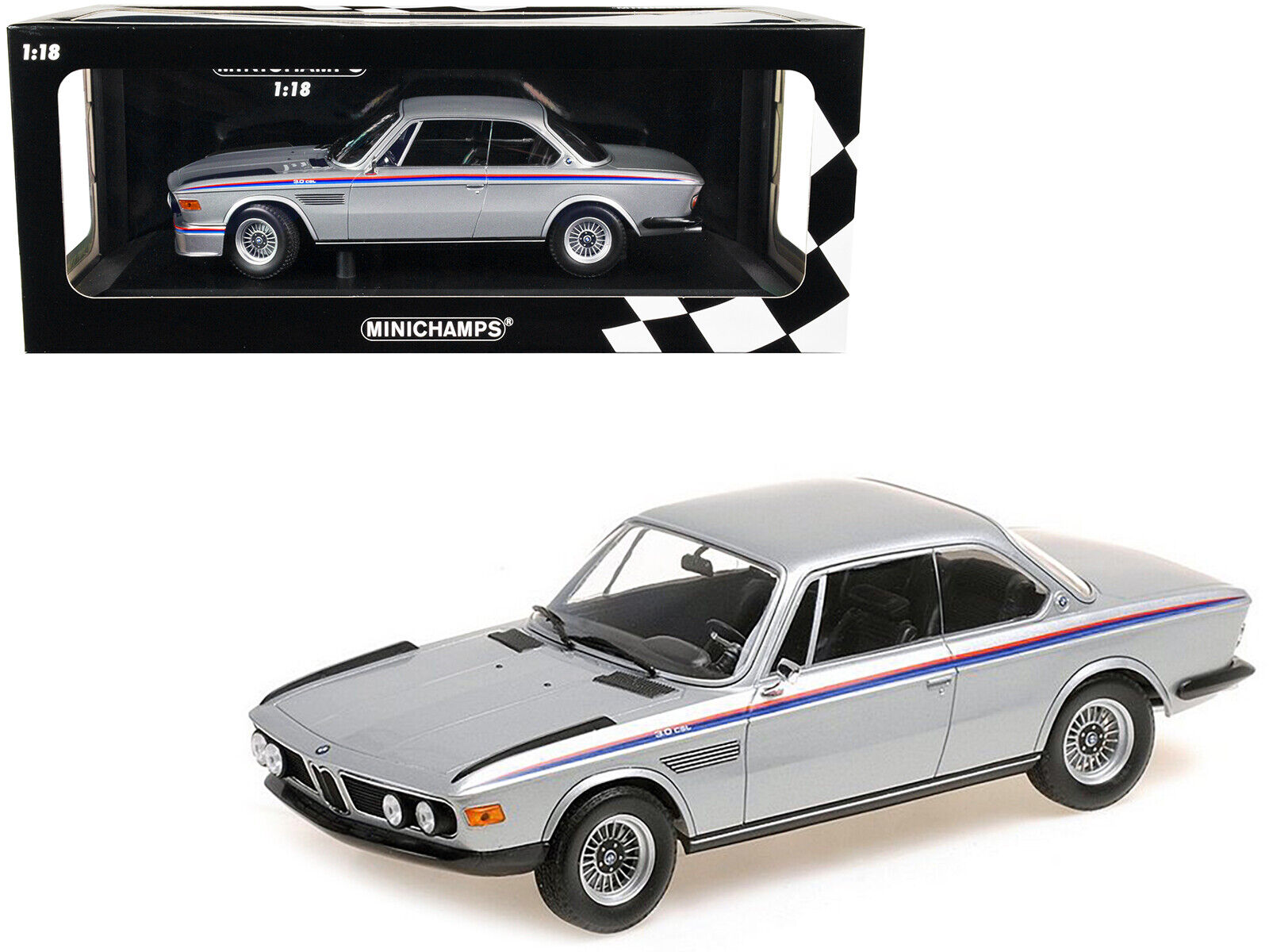 1973 BMW 3.0 CSL Silver Metallic with Red and Blue Stripes Limited Edition to