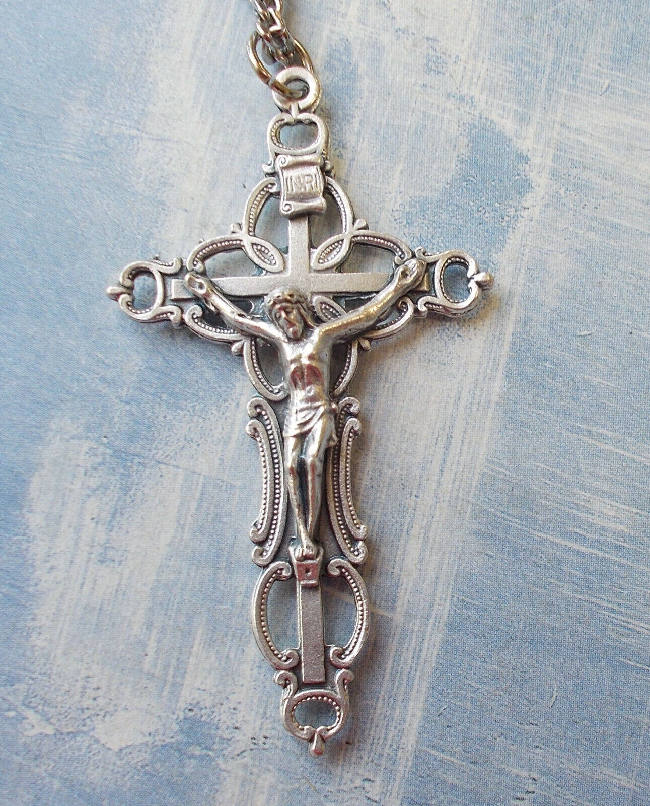 GORGEOUS ornate Catholic CRUCIFIX Pendant/Necklace~Stainless Steel chain~Italy~