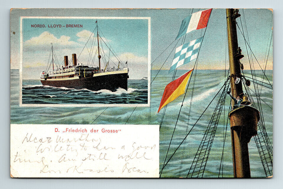 German c1907 DB Postcard Fredrick the Great Norddeutscher Lloyd Steamer Ship