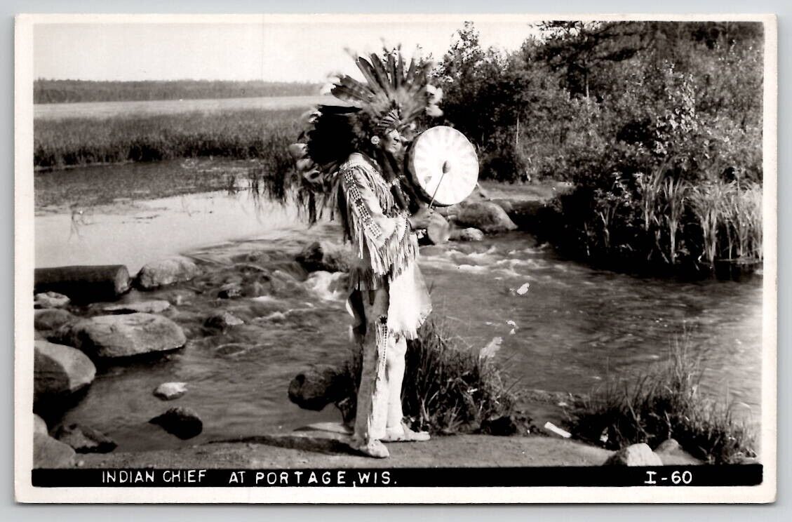 RPPC Indian Chief At Portage WI Headdress Drum Wisconsin Real Photo Postcard V26