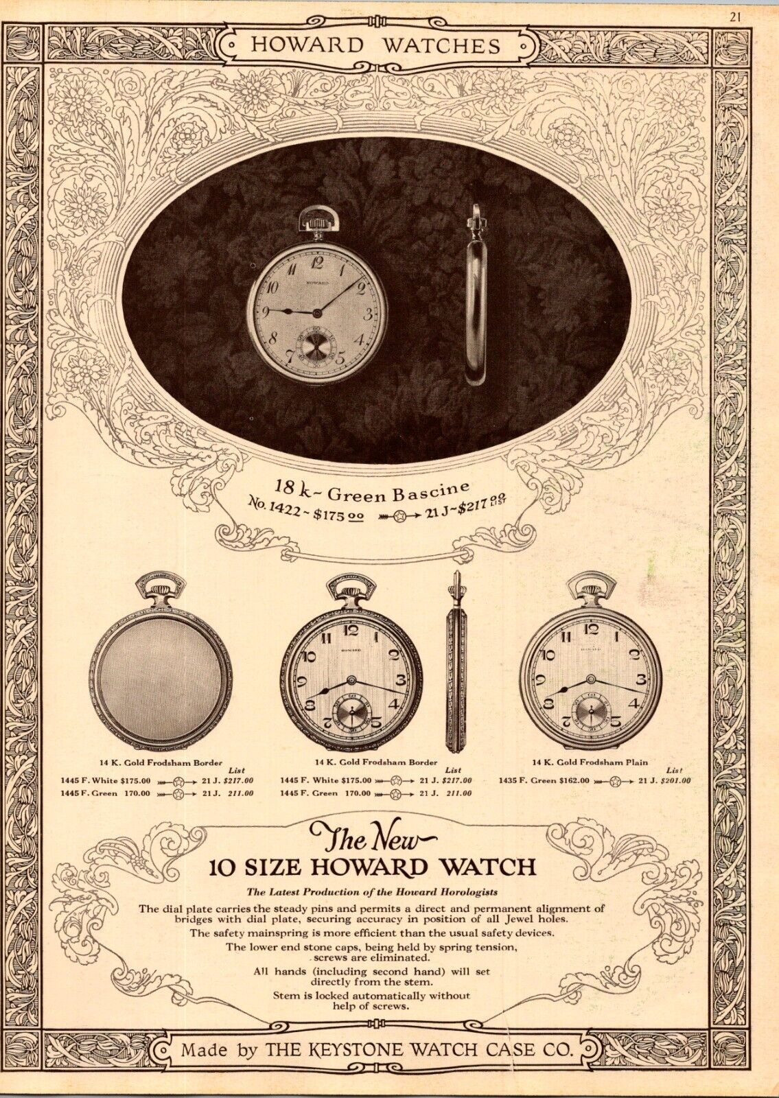 Howard Watches 18K Green Bascine No 1422 1924 Pocketwatch Catalog Page