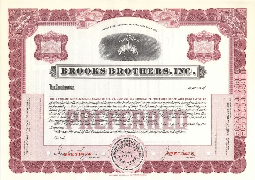 Brooks Brothers, Inc. - Specimen Stock Certificate - Specimen Stocks & Bonds