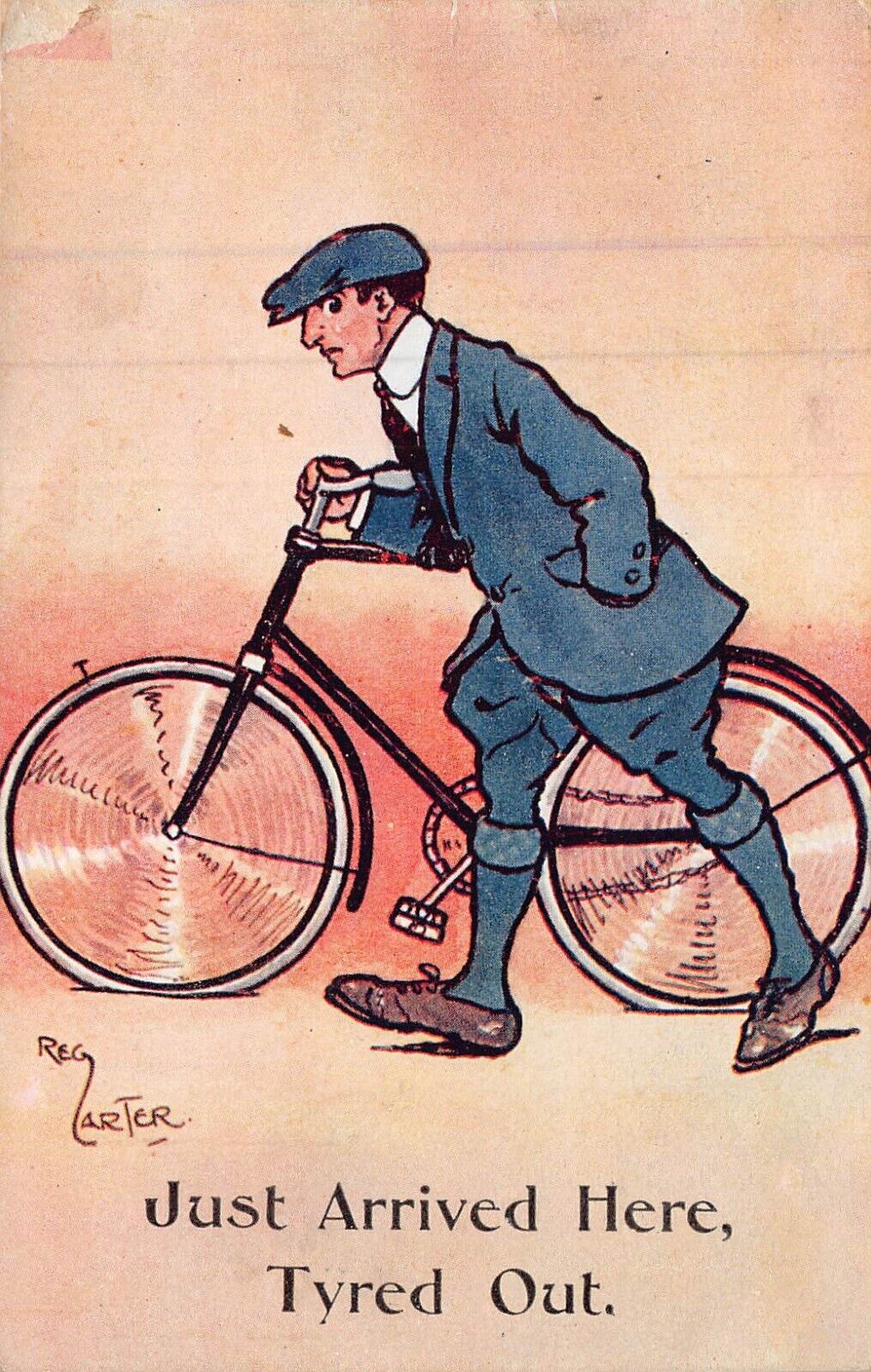 JUST ARRIVED-TYRED OUT-MAN BICYCLE FLAT TIRES~REG CARTER COMIC~1912 POSTCARD