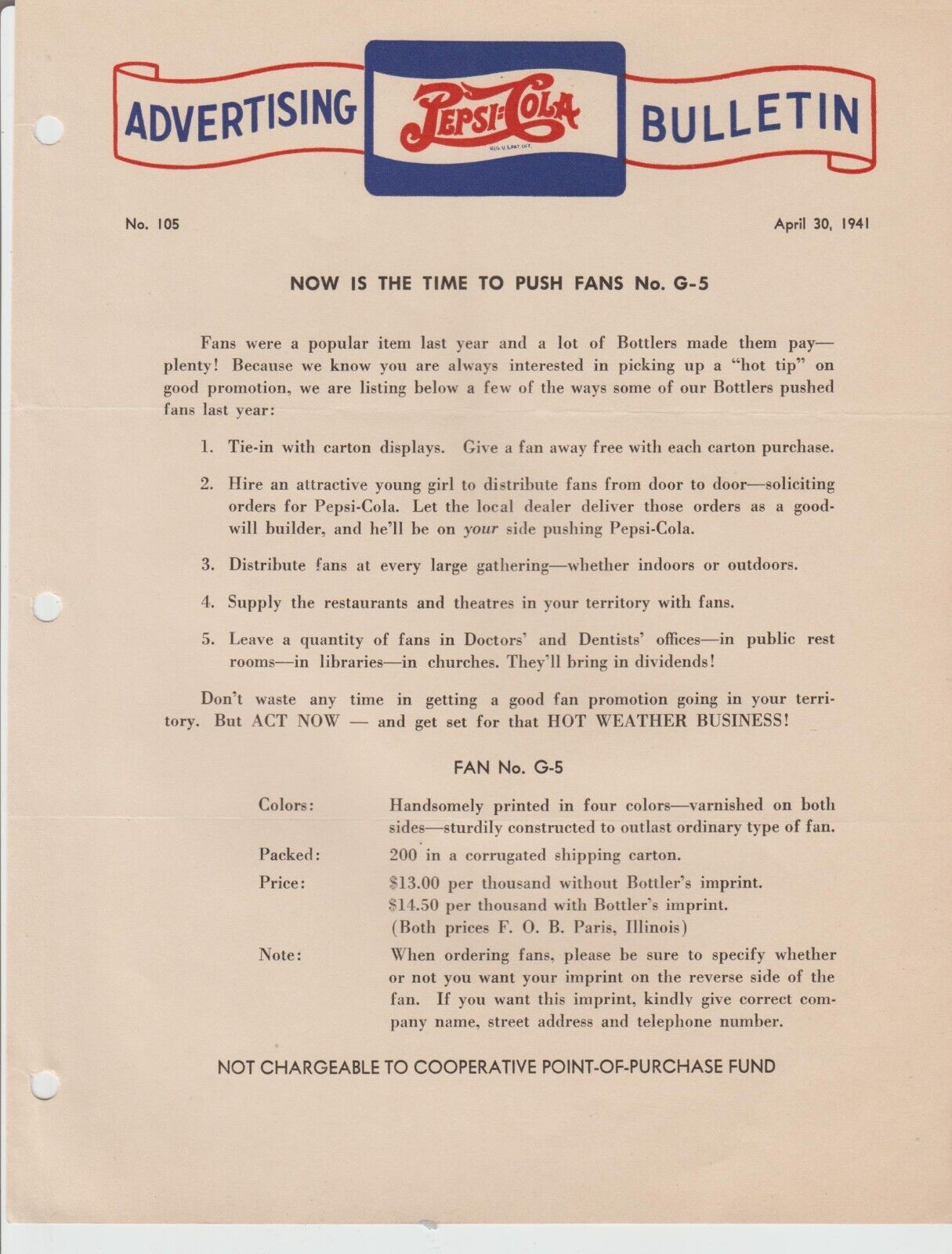Pepsi Cola - No   G-5    ADVERTISING BULLETIN  April 30   1941
