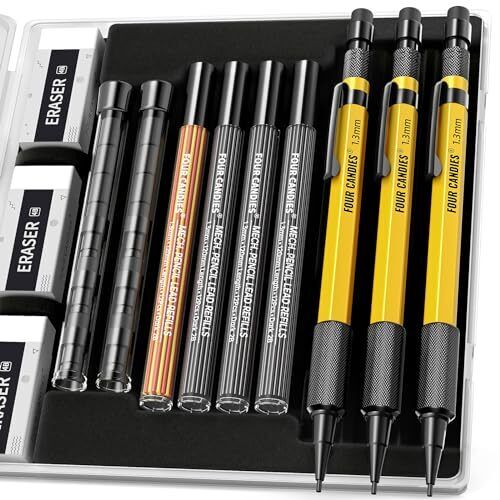Four Candies 3PCS 1.3mm Mechanical Pencil Set with Case, Metal 22 PCS Yellow
