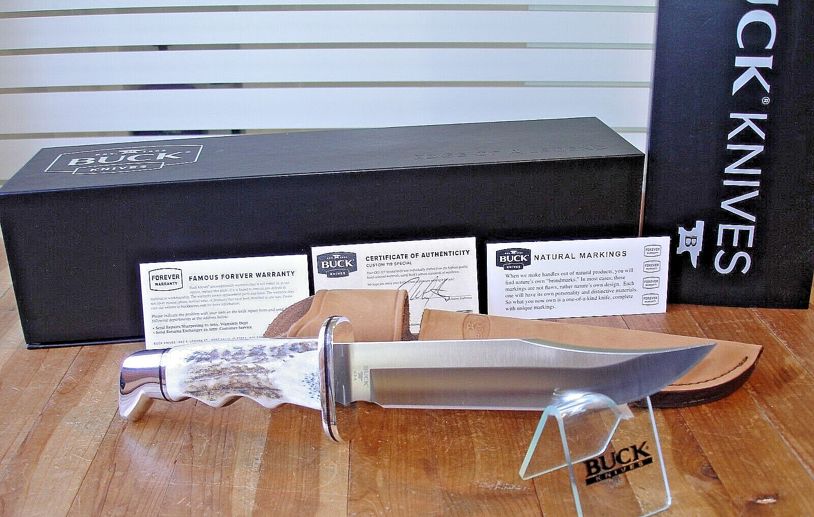 CUSTOM BUCK KNIFE 119 CKS SPECIAL BOS S30V BLADE ELK ANTLER HANDLE LETHER SHEATH