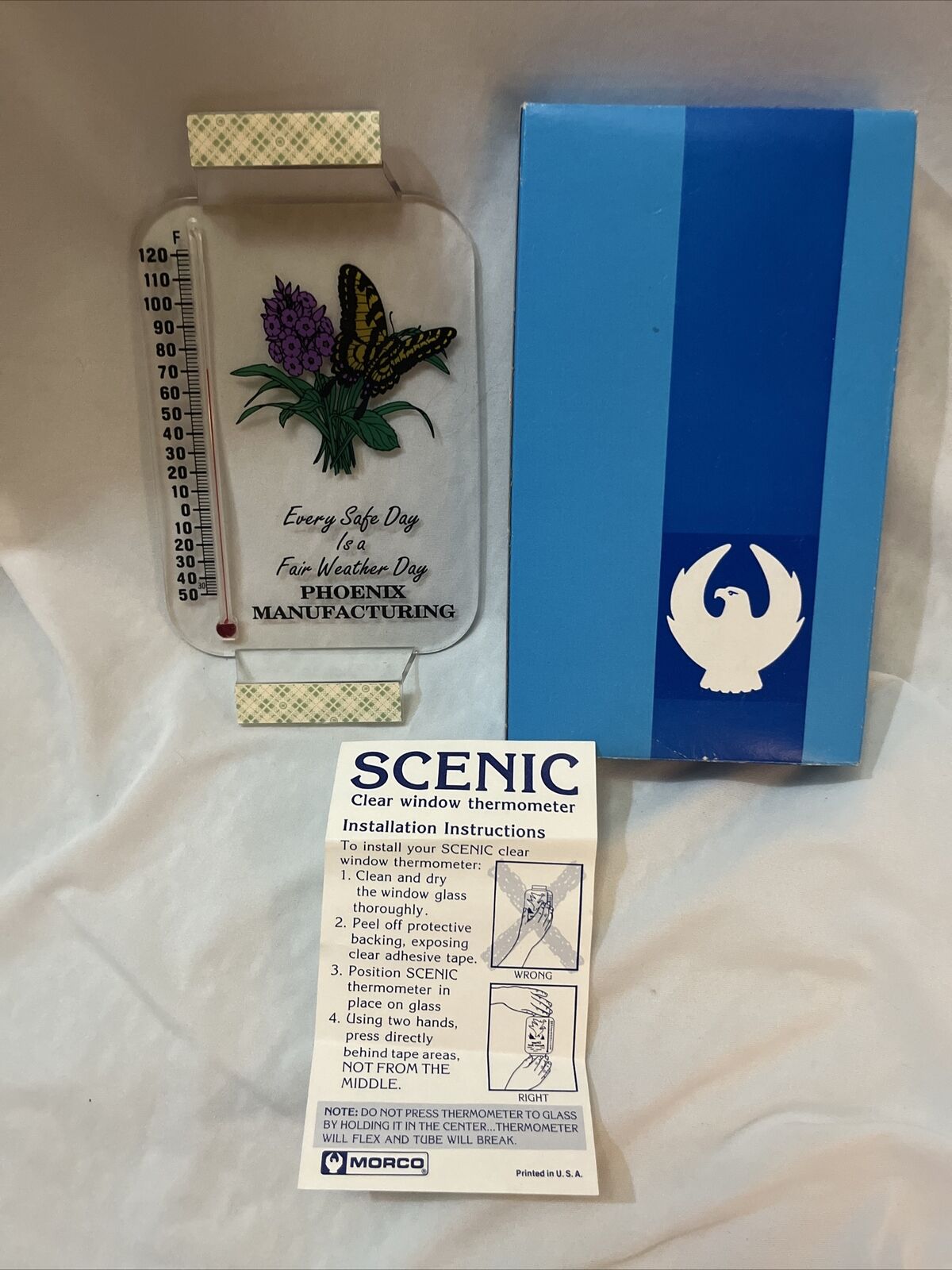 Vintage Morco Scenic Clear Thermometer,Never Used, Original Box And Instruction