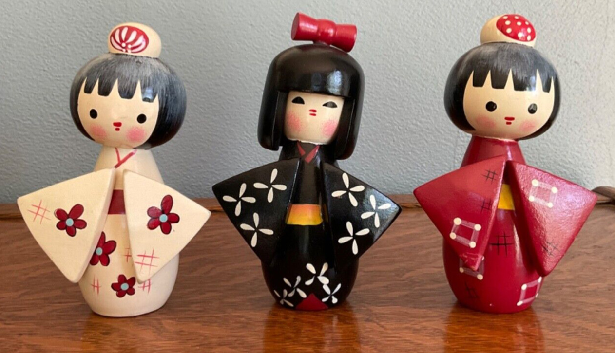 Lot of 3 Adorable Vintage Wooden Japanese Kokeshi Dolls - 5 1/4”