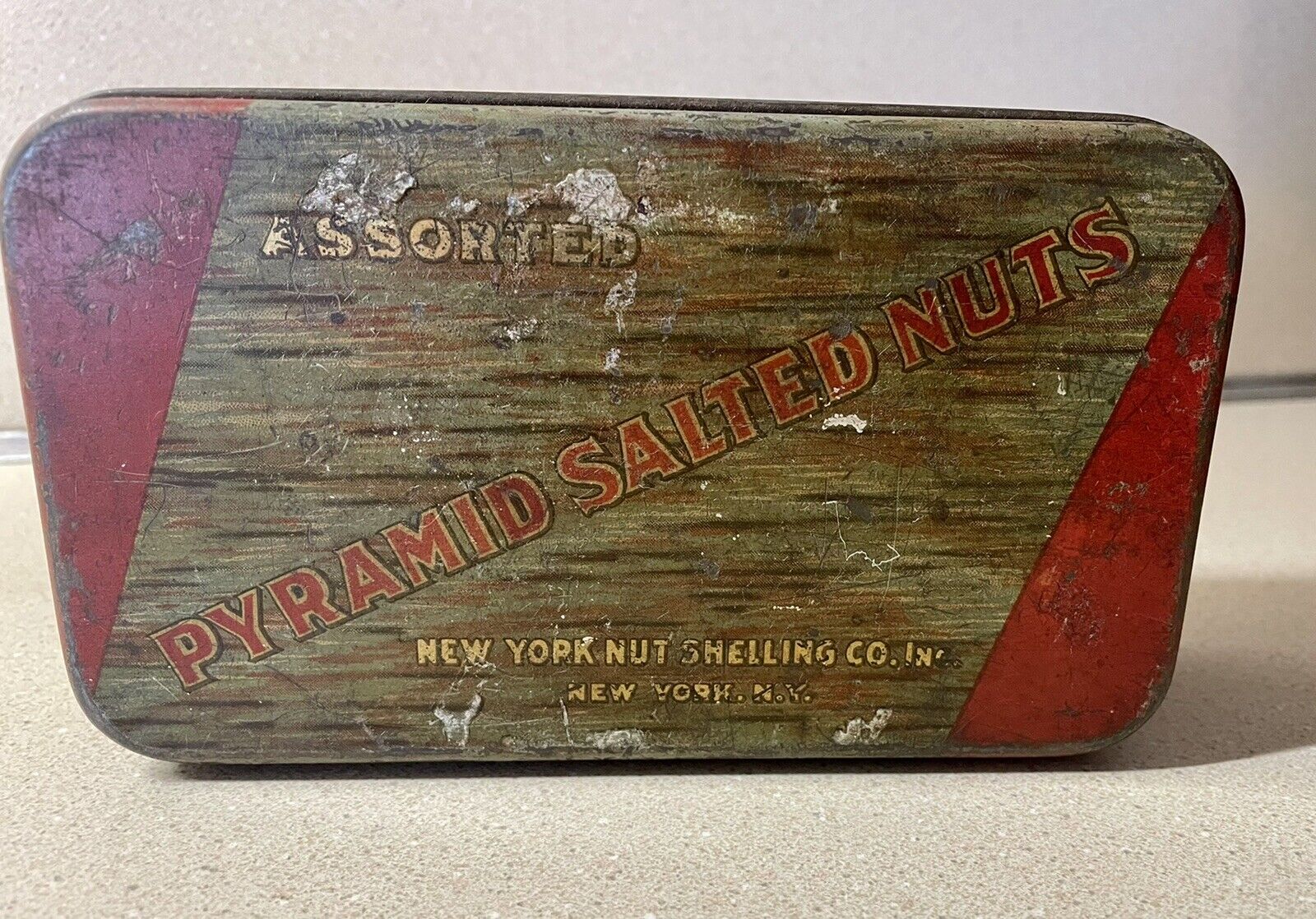 Antique Assorted Pyramid Salted Nuts Tin Half Pound New York Shelling Co OOK