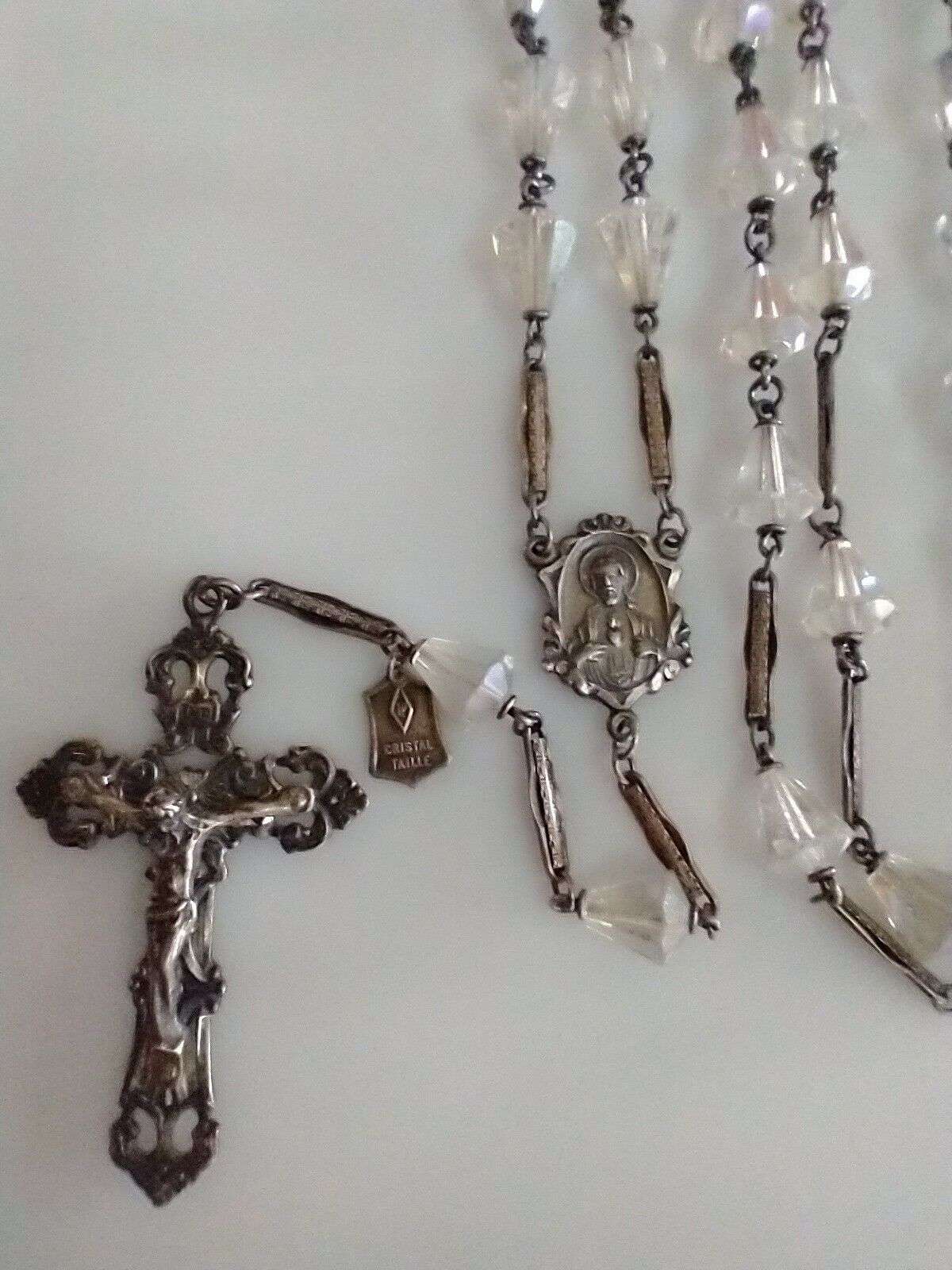Vintage Catholic Rosary Sterling Silver Marked Cfx&Ctr  Clear Crystal Teardrop