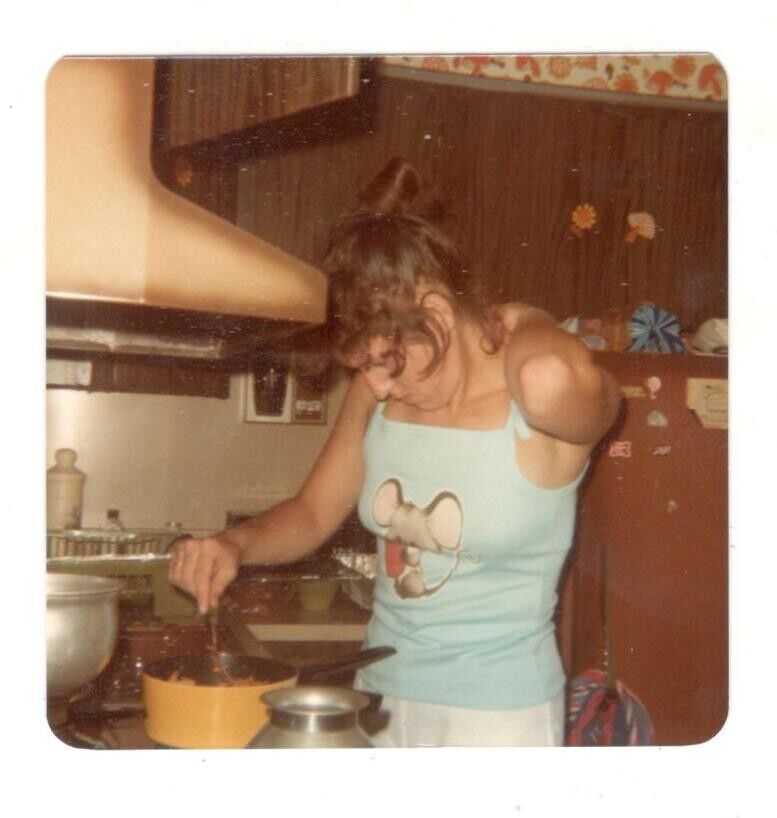 Vintage Photo Busty Woman Cooking In The Kitchen 1970\'s Found Art R81