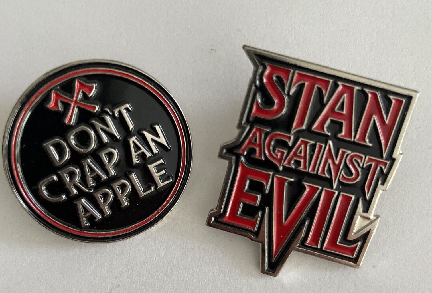 Stan Against Evil Enamel Pin Lot Of 2 Horror TV Series 2016 Don\'t Crap An Apple 