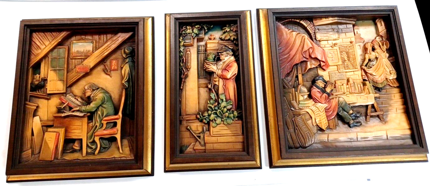 LOT OF (3) ANRI ITALY - VINTAGE WOOD HAND CARVED CARL SPITZWEG RELIEF SCULPTURES