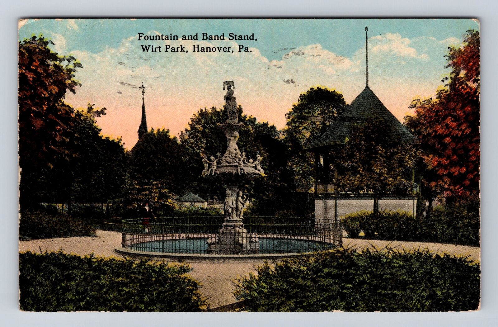 Hanover PA-Pennsylvania, Fountain, Band Stand, Wirt Park Vintage c1915 Postcard