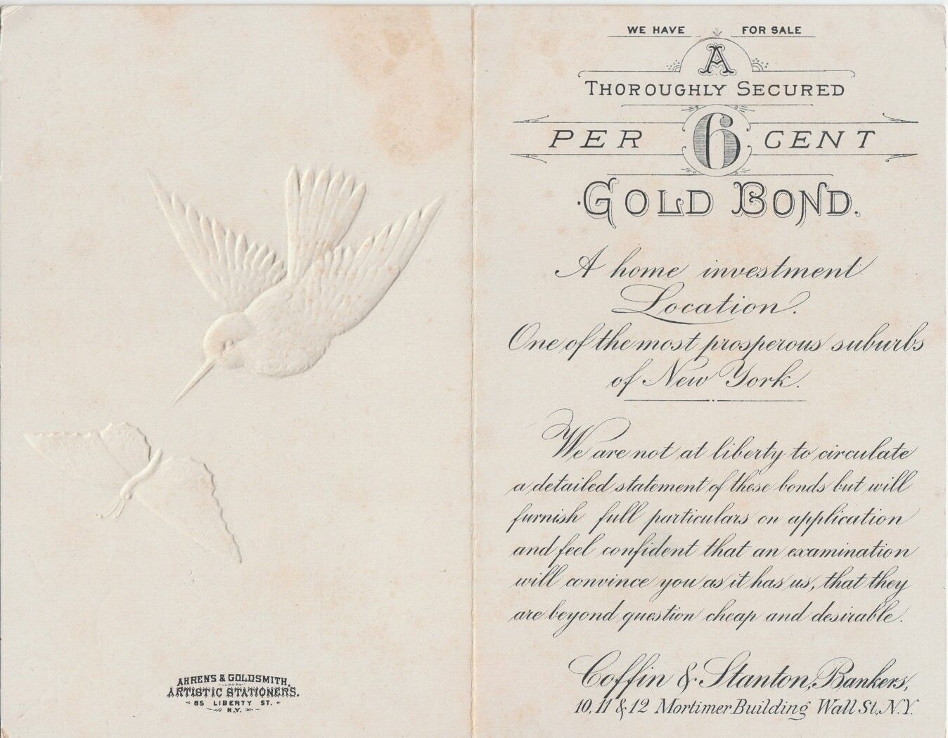 [28285] Ca. 1890\'s GOLD BOND offered by COFFIN & STANTON BANKERS, WALL ST., N.Y.