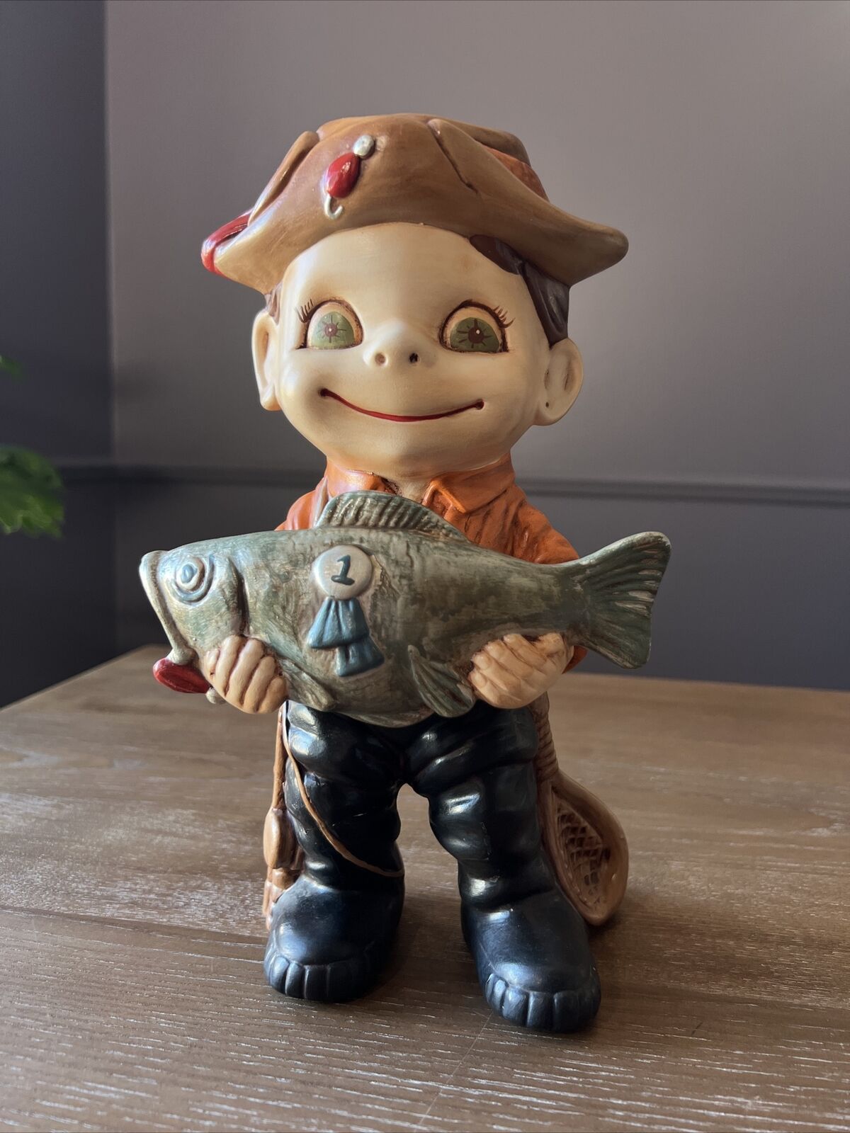 Vintage 1972 Atlantic Mold Fly Fisherman Award Boy Ceramic Figurine Art Fishing