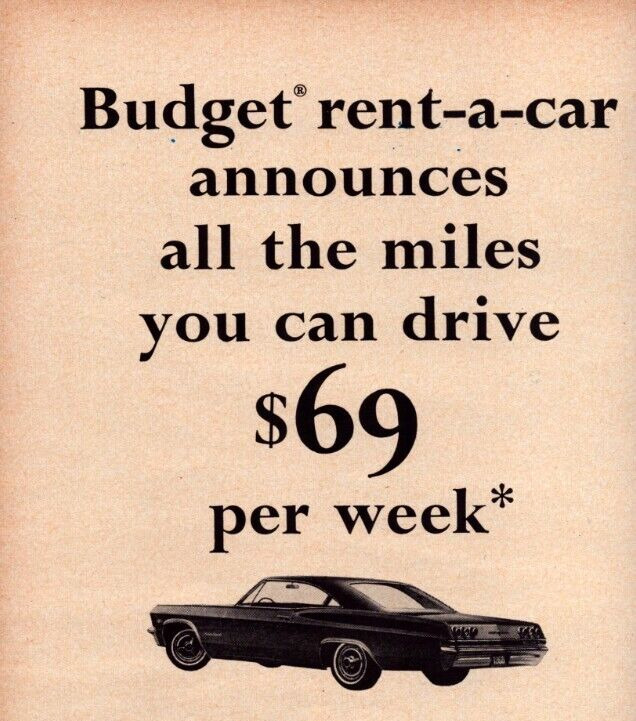 Budget Rent-a-Car Weekly Rate $69 Black & White 1965 Vintage Print Ad-C-2.1