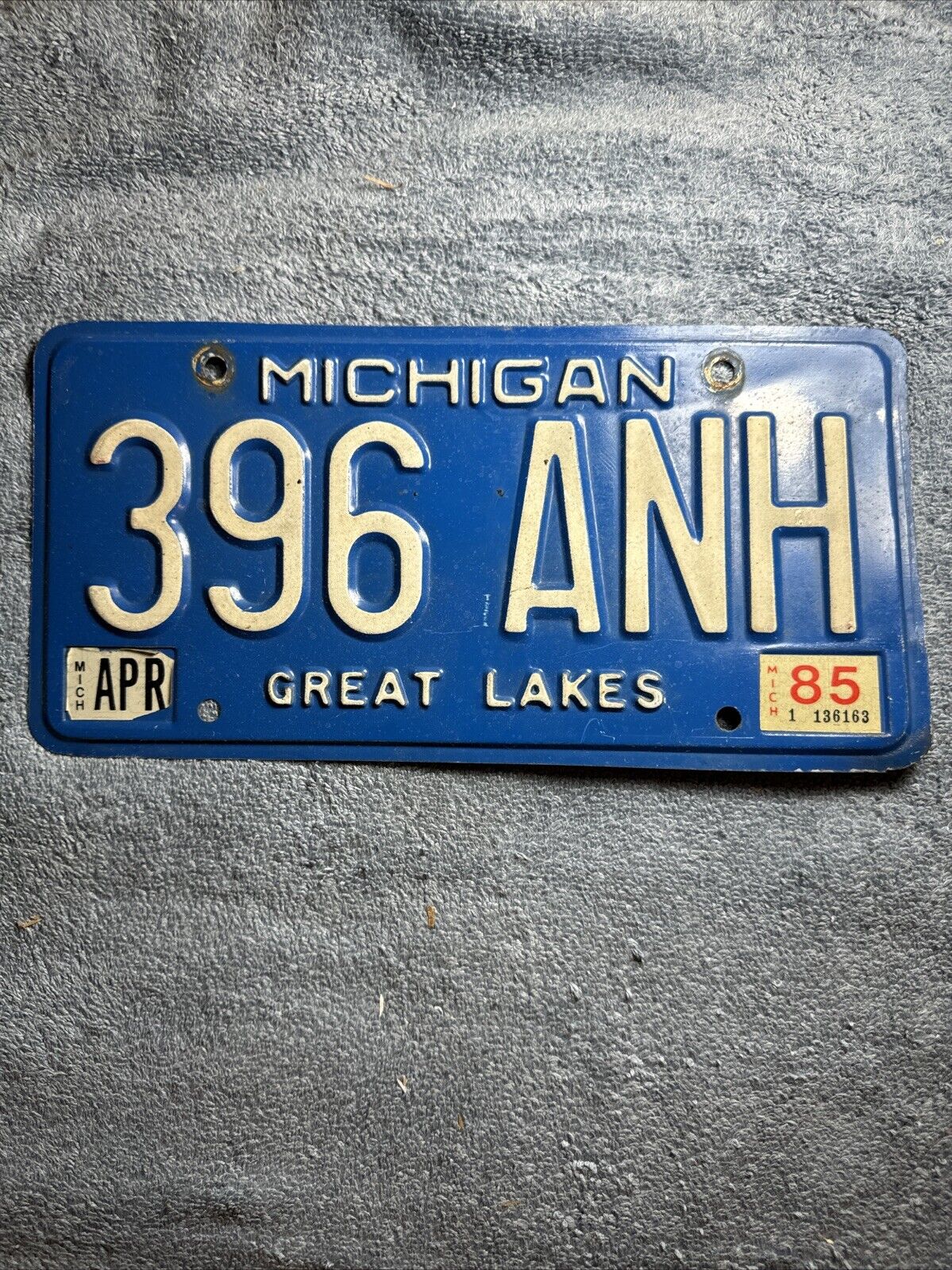 1985 Michigan License Plate 396 ANH
