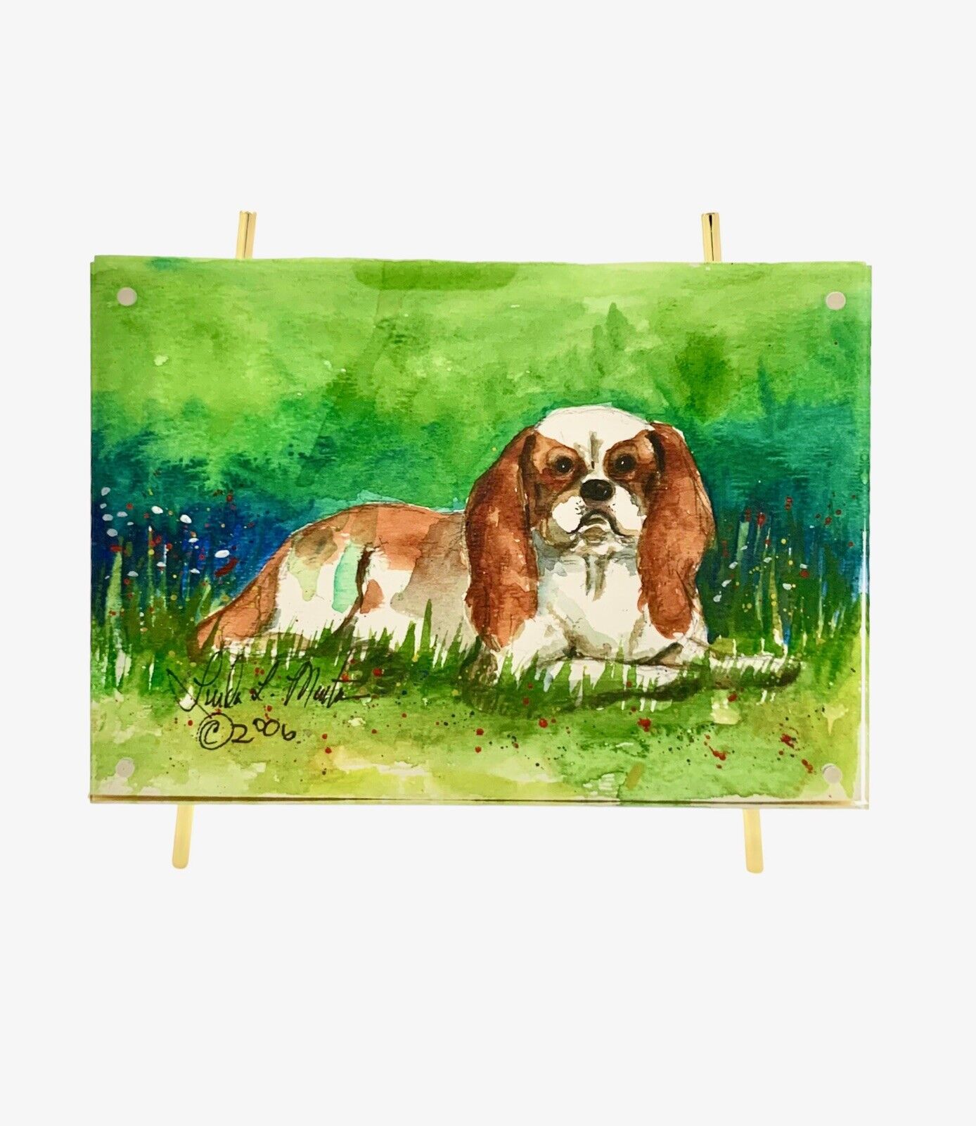 Dog Painting King Charles Cavalier Watercolor in Acrylic Metal Frame Art Decor
