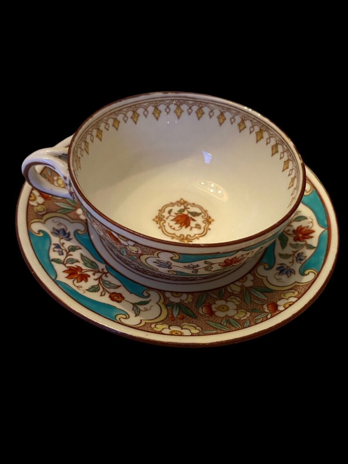 Antique French Minton for Sarreguemines 768 Floral Lotus Cup & Saucer 1860-1919