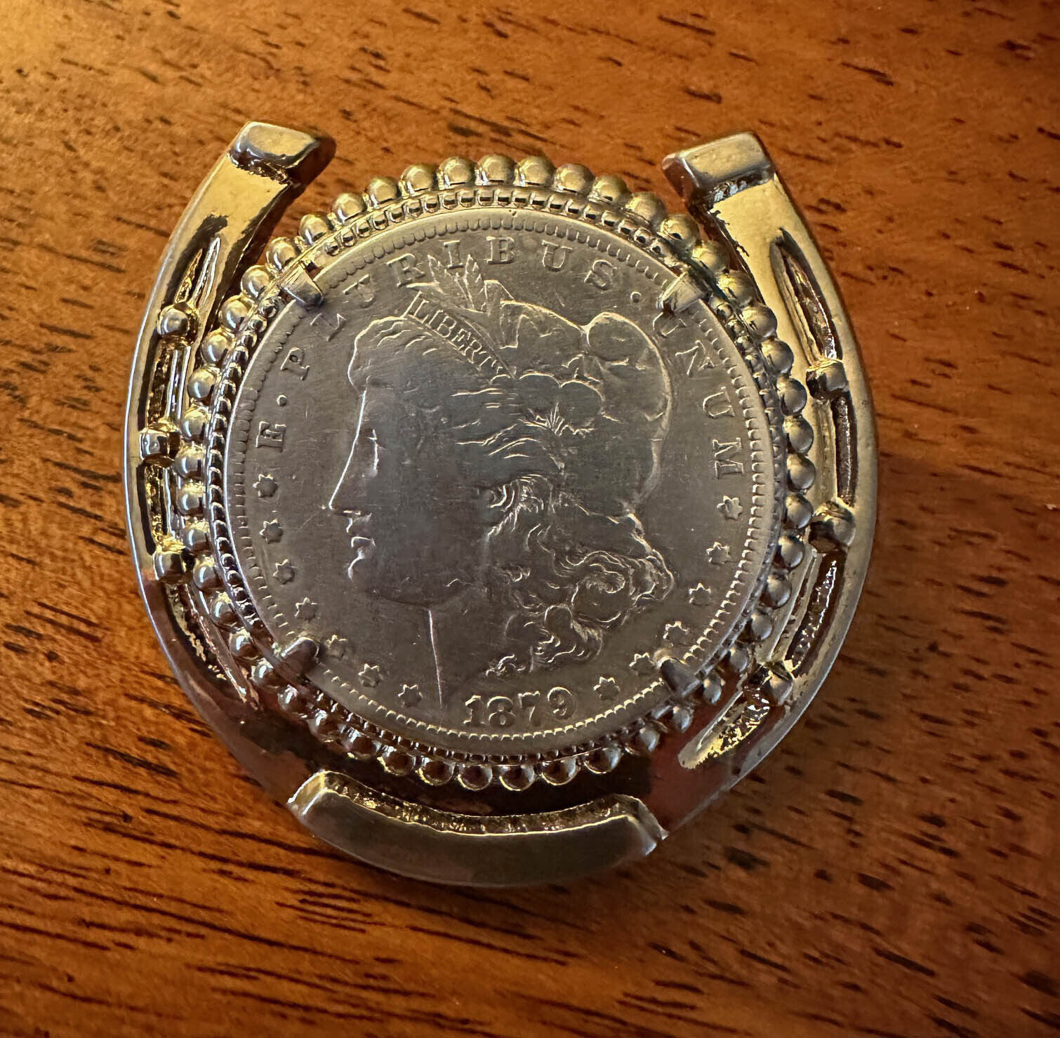 RARE Western 1879 Morgan Silver Dollar Gold Horseshoe Bolo Tie Necklace Pendant