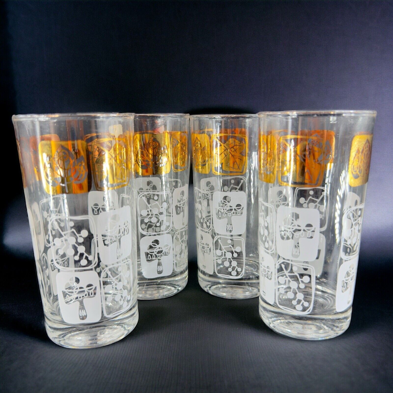 Vintage Mid Century Tumbler Drinking Glass High Ball Set 4 Atomic Design Glasses