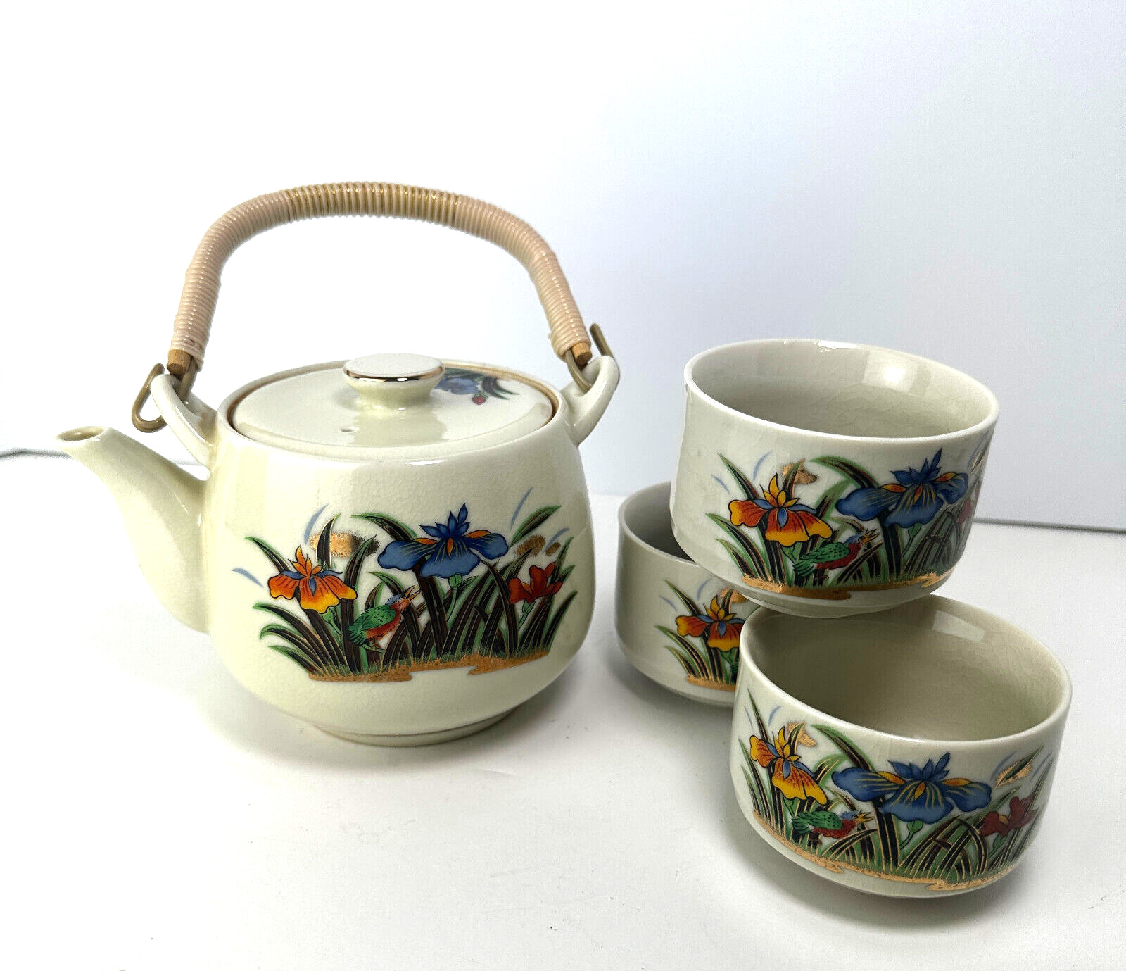 Vtg Hand Painted Japanese Teapot & Cups With Flowers & Bird Blue Yellow J34