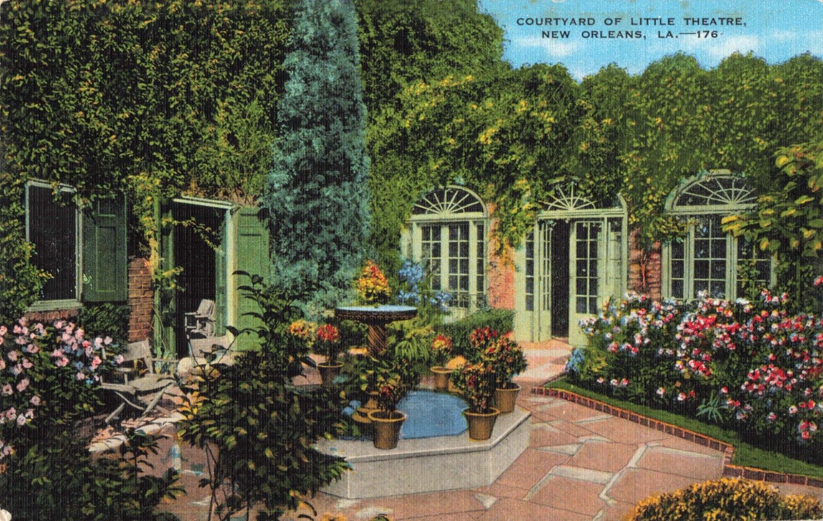 New Orleans LA Louisiana, Courtyard of Little Theater, Vintage Postcard