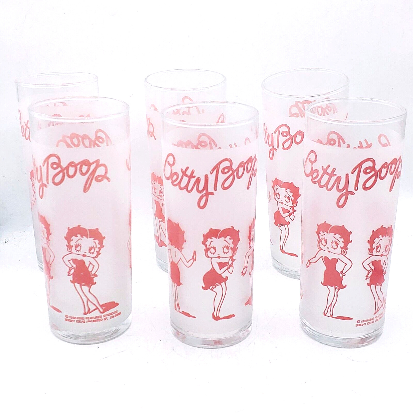 6 Vintage Betty Boop Pink Frosted Drinking Glasses Slim 1988 King Set Of Six