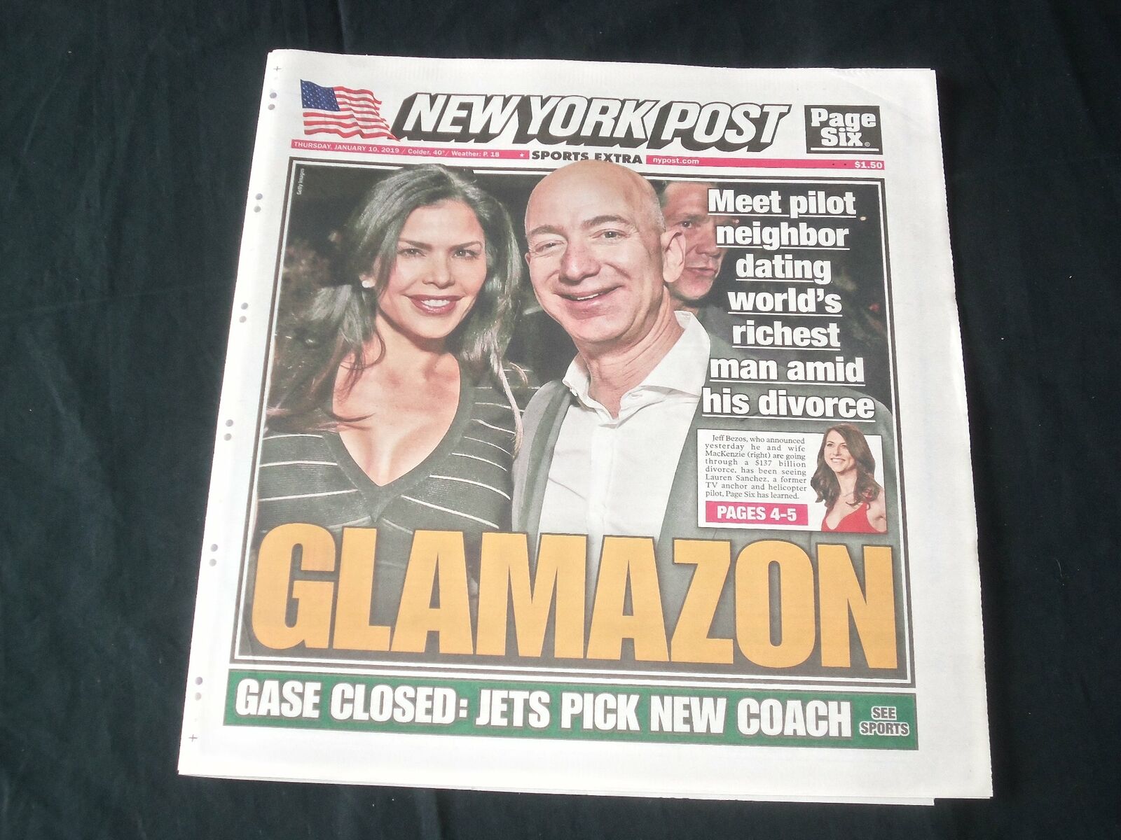 2019 JANUARY 10 NEW YORK POST NEWSPAPER - JEFF BEZOS & LAUREN SANCHEZ - GLAMAZON