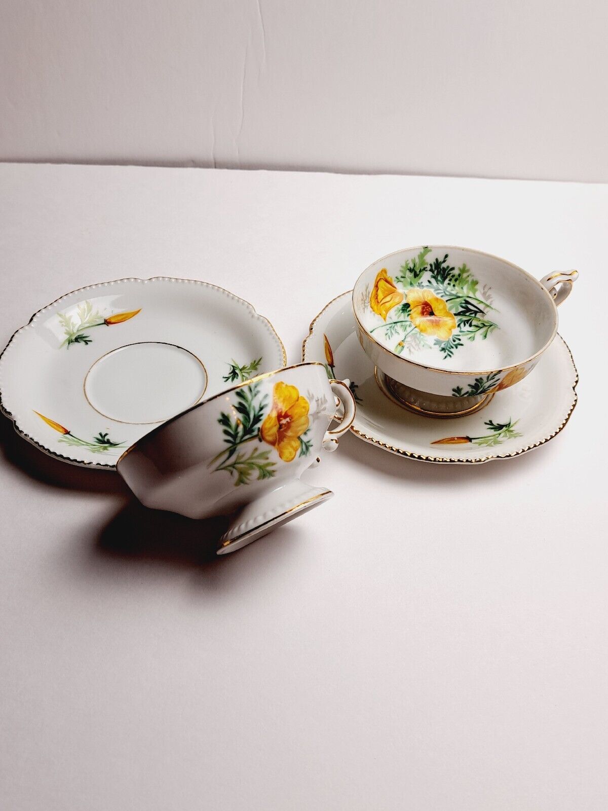 Vintage Footed Cup & Saucer Hand Painted Yellow Roses w/Gold Trim 1950'S Japan 