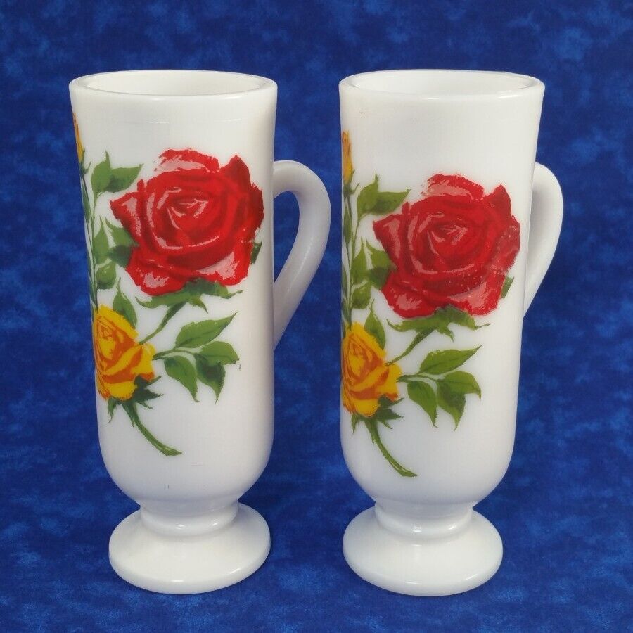 Avon Milk Glass Demitasse Footed Pedestal Cups Set Of 2 Wild Roses Yellow Red
