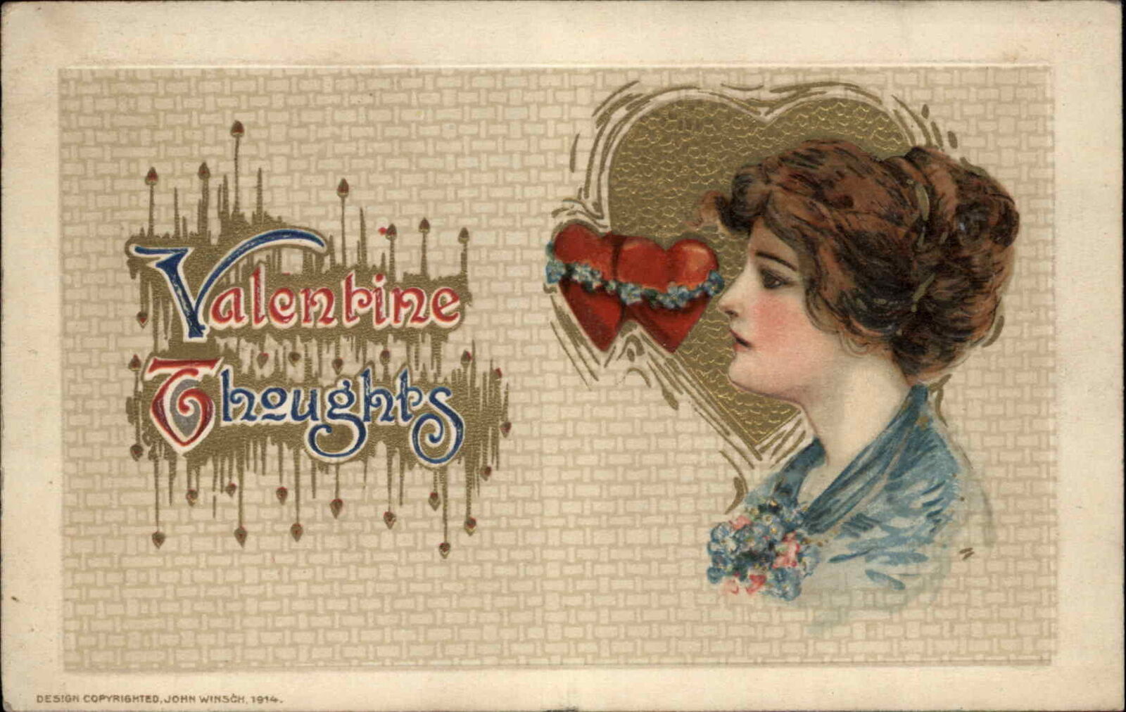 Valentine Beautiful Woman Gold Heart Winsch Schmucker c1914 Postcard