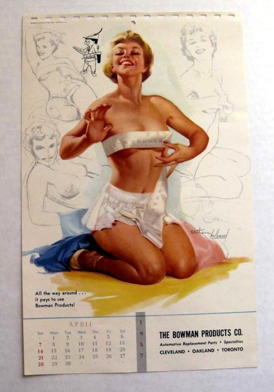 April 1957 Pinup Girl Calendar Page by Ted Withers Hollywood Measuring Breasts
