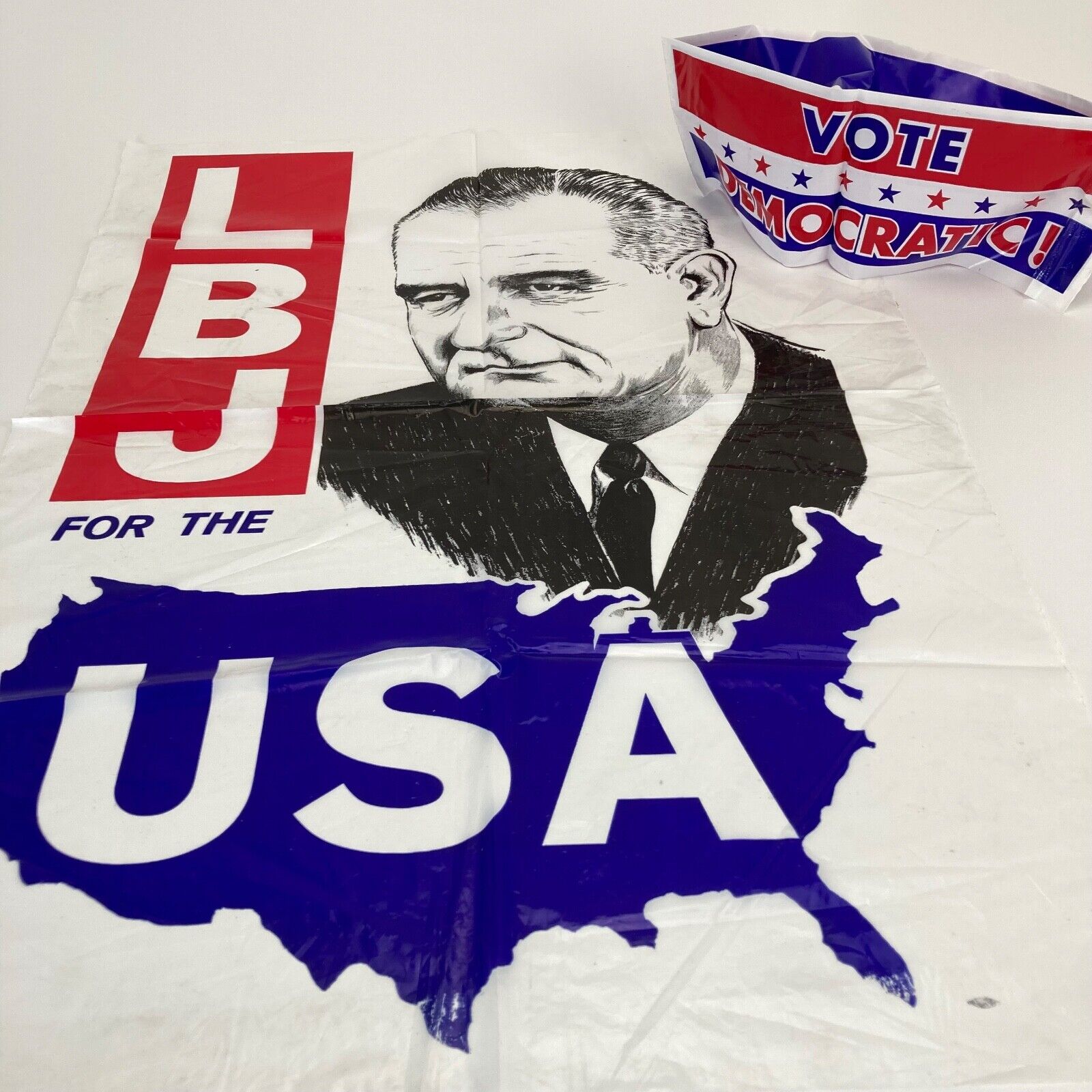 1964 Lyndon Johnson Plastic Presidential Campaign Poster 24x17 and Demo-Cap Hat