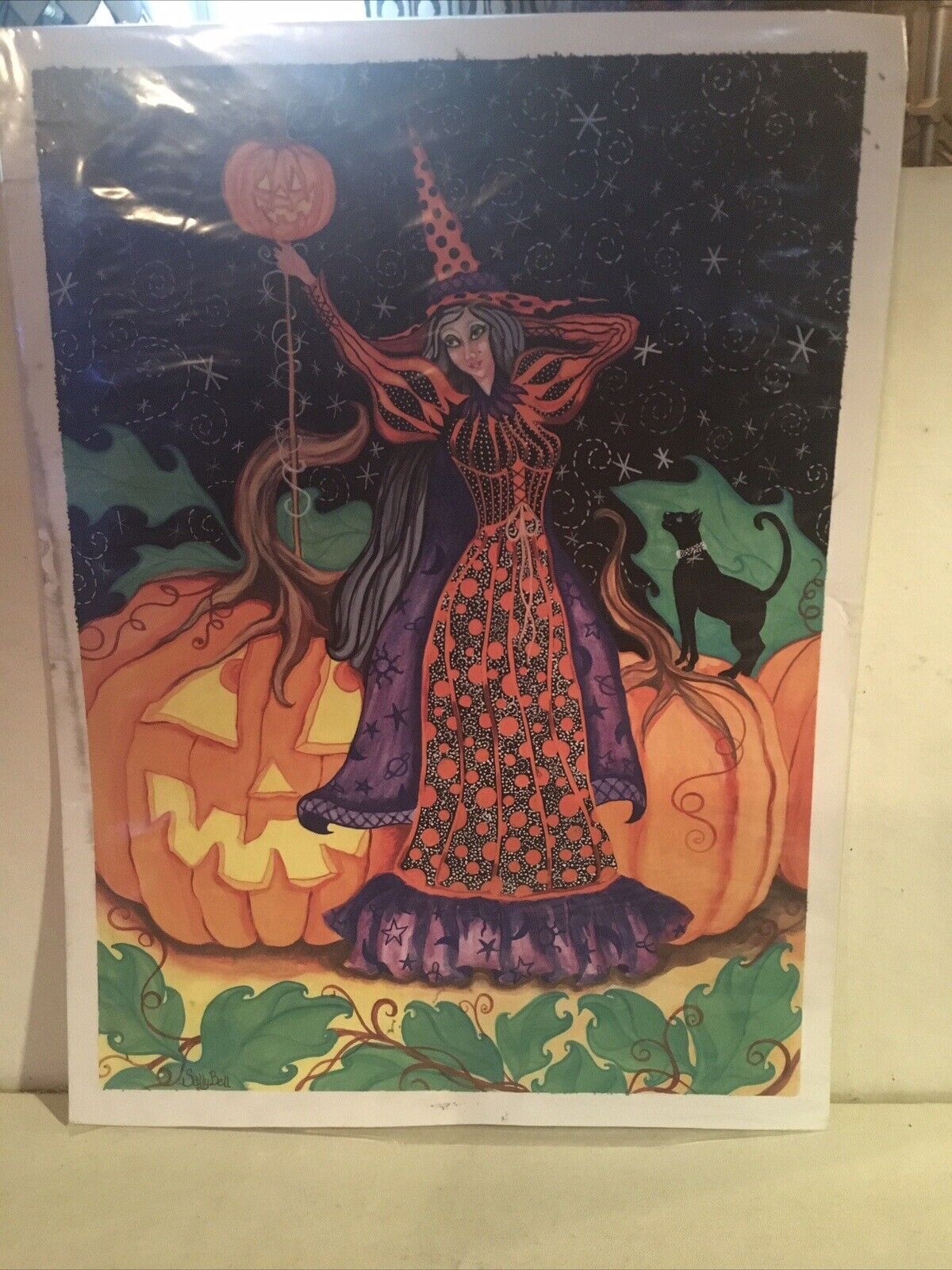 Halloween Art Print Witch In Pumpkin Patch 15” By 11”
