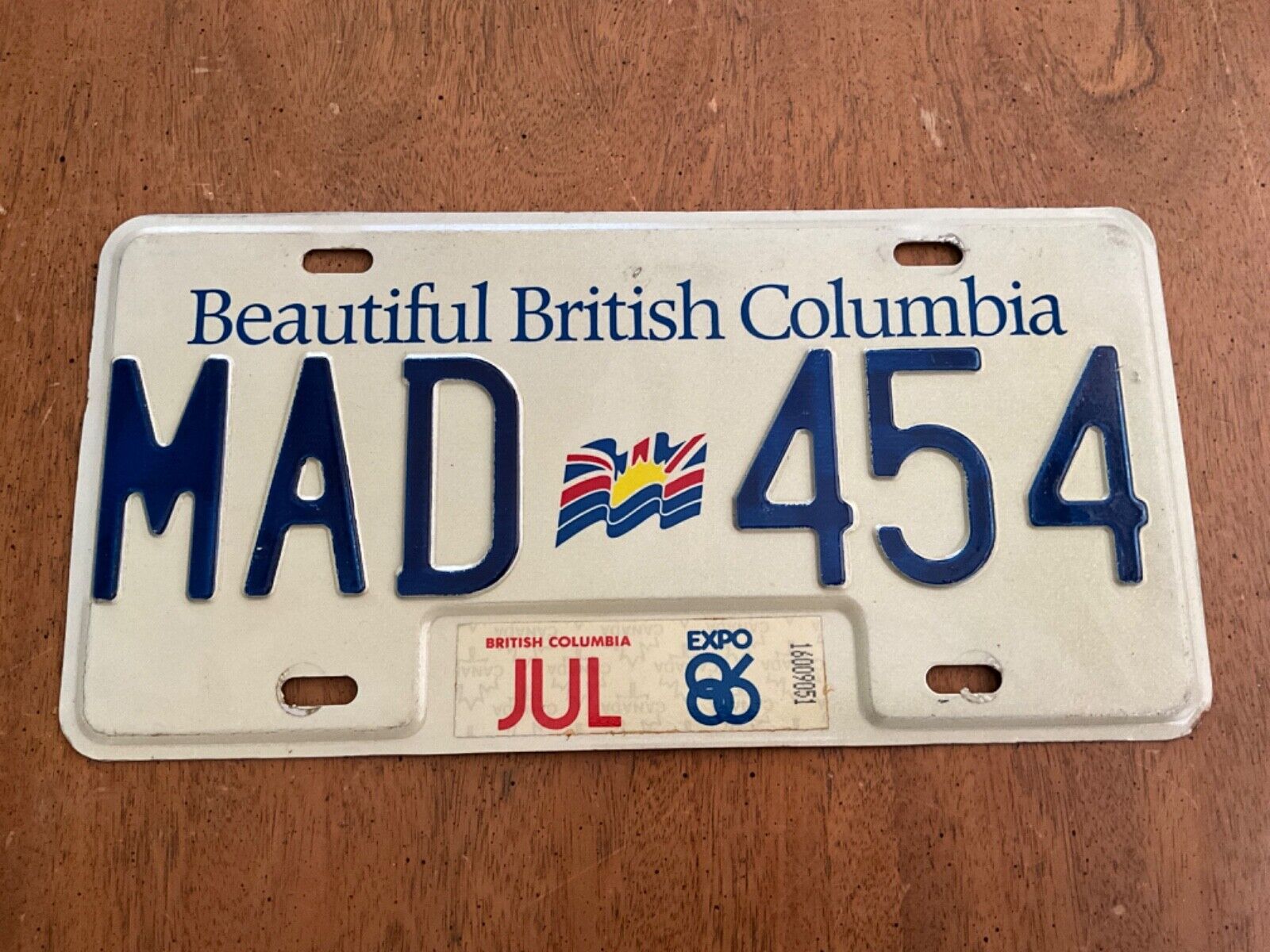 1986 British Columbia Canada License Plate Tag MAD 454 Expo