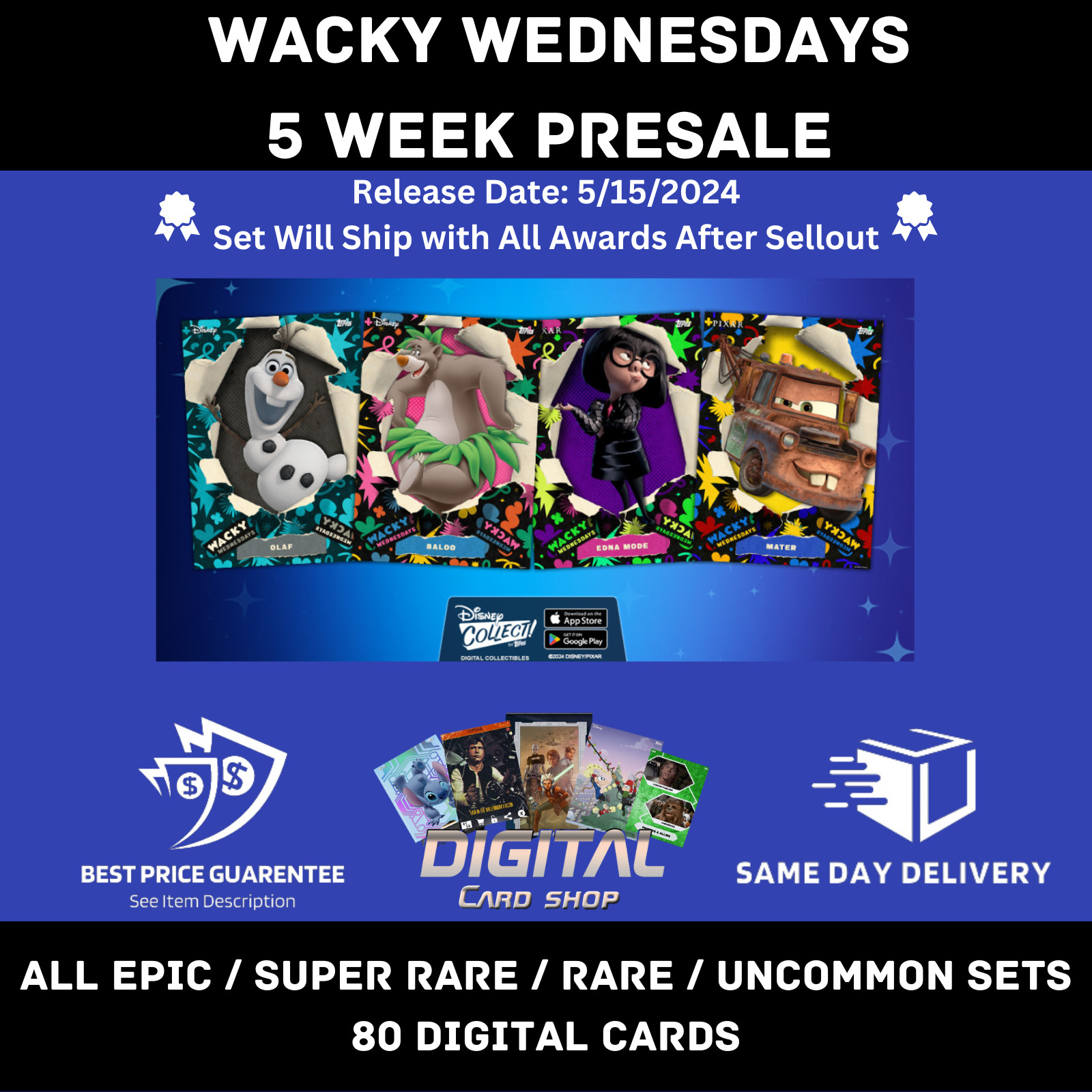 Topps Disney Collect Wacky Wednesdays 5 Week PRESALE ALL EPIC SR R UC 80 Cards