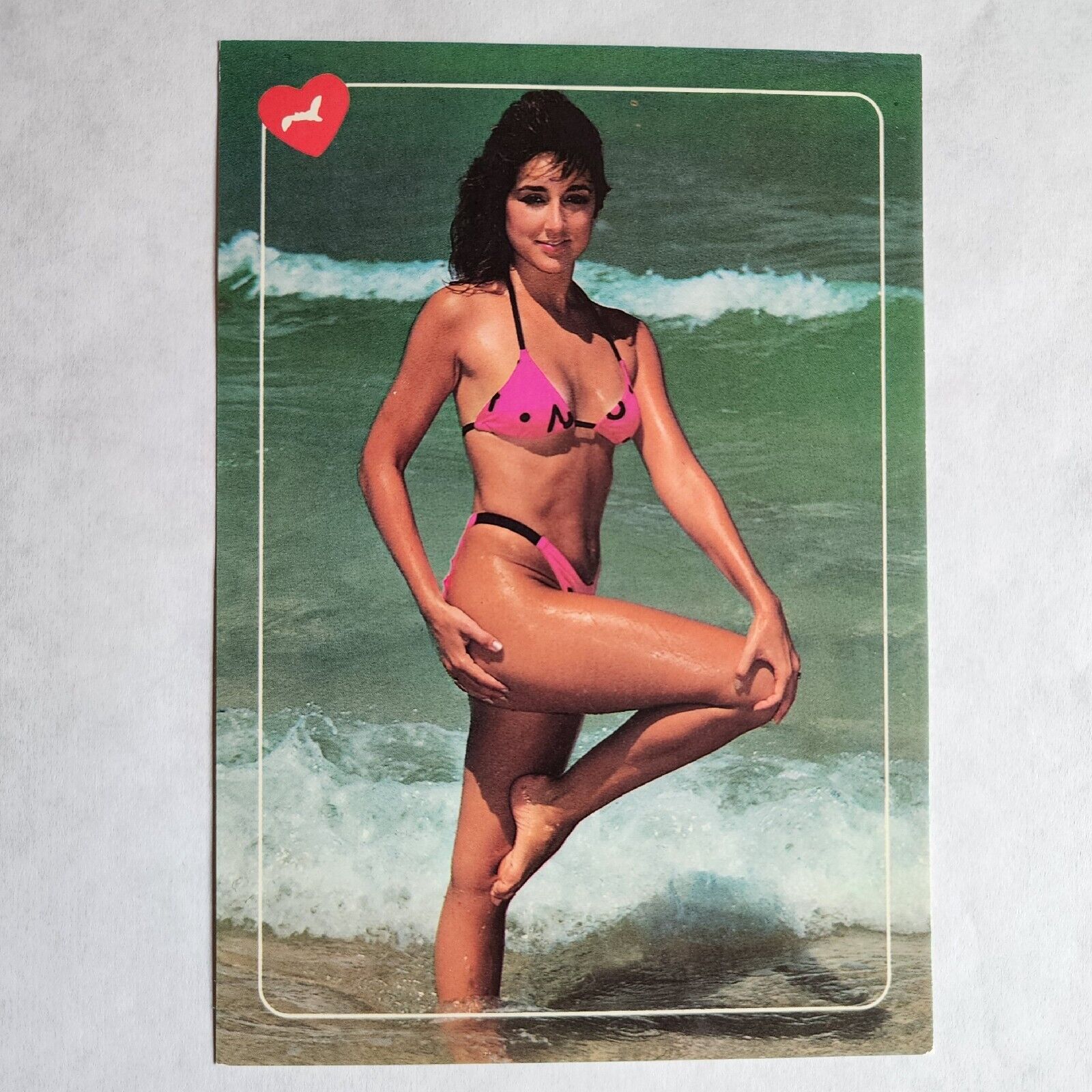Vintage Beach Bikini Girl Postcard 1980s Risque Brunette Model Ocean Scene Pinup