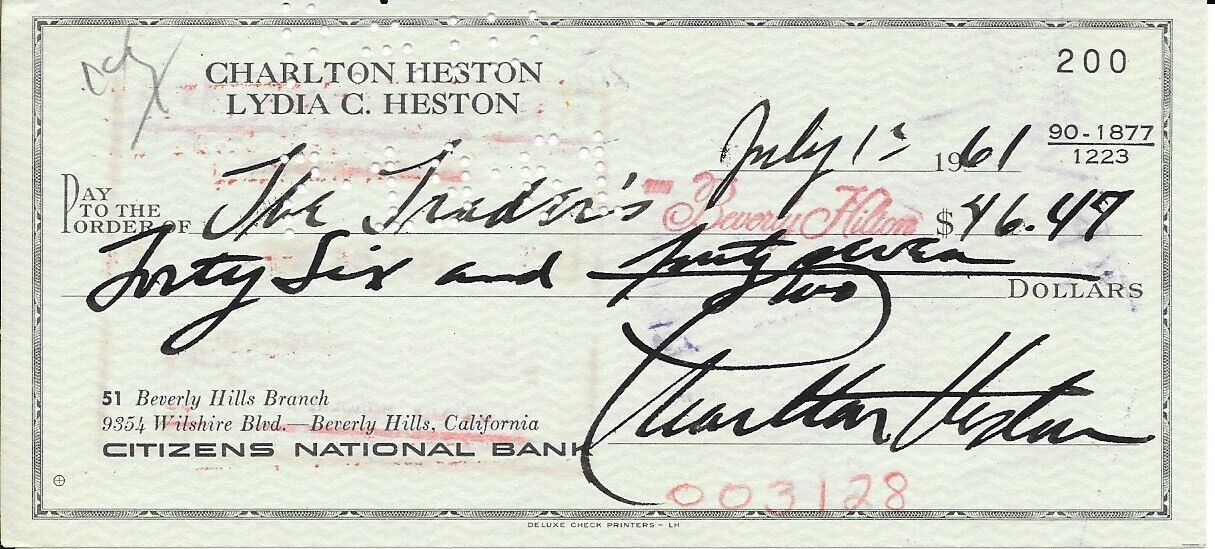 CHARLTON HESTON PERSONAL BANK  CHECK AUTOGRAPH 1961 BEN HUR PLANET OF THE APES