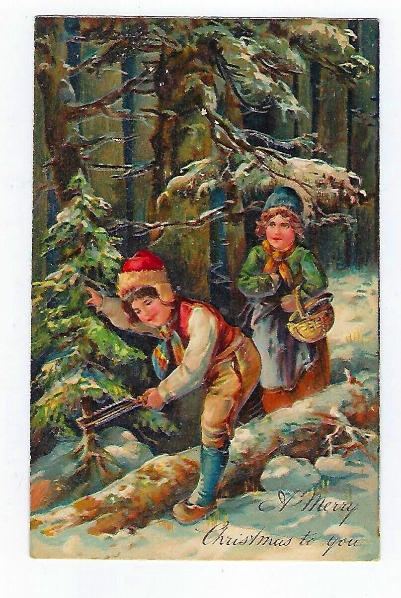1907 P.B.F  Christmas Postcard Boy & Girl Cutting Down Xmas Tree Embossed-Posted