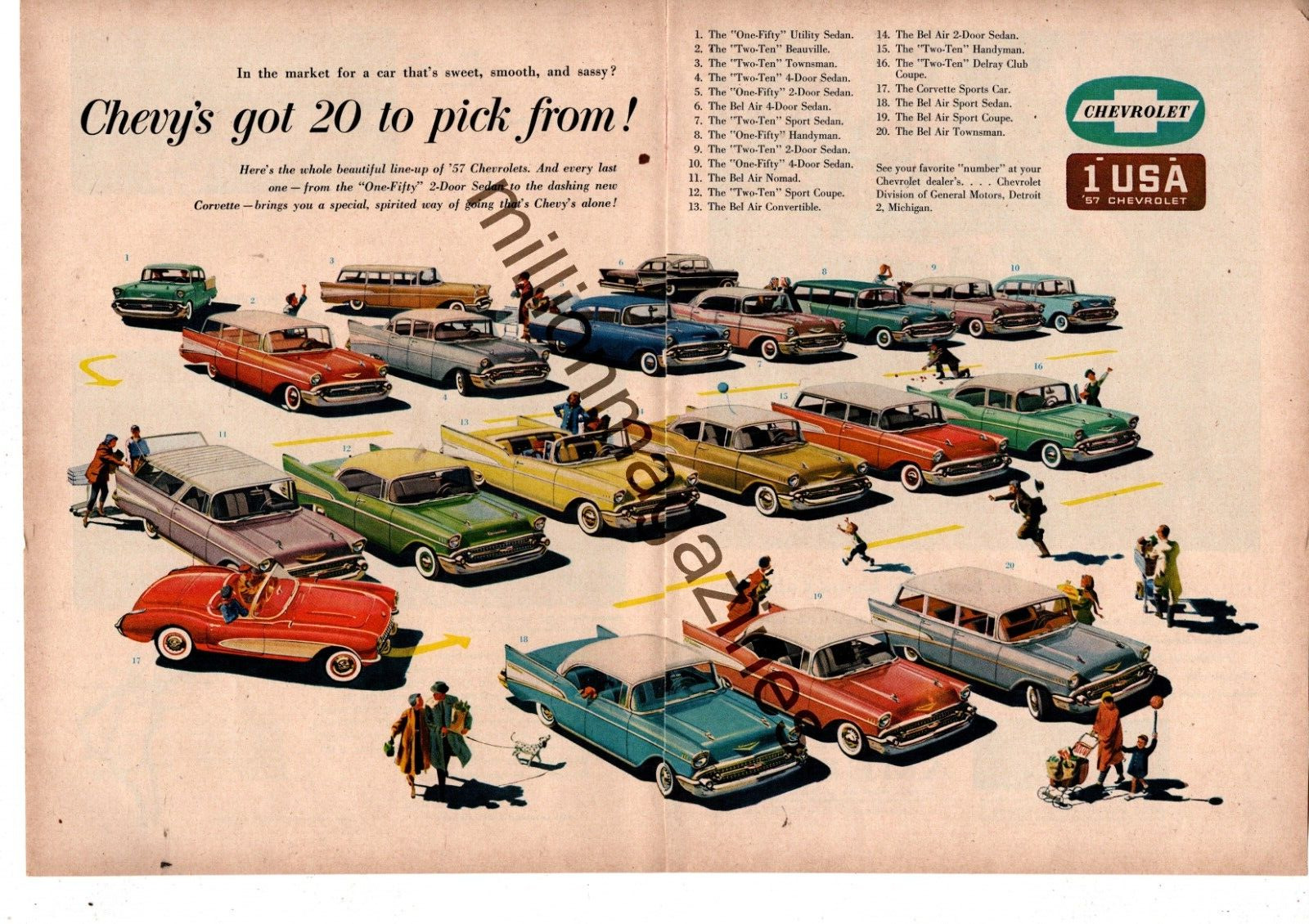 1957 Chevrolet Original 2 page ad showing 20 models including Nomad and Corvette